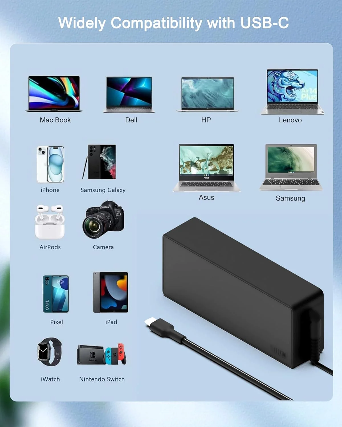 NATNO 100W 90W USB C Laptop Charger for Lenovo ASUS HP Acer MacBook Pro/Air Dell MSIنوع سي شاحن لابتوب Computer Tablet Adapters Compatible with 90W 65W 45W PD3.0 Type C Power Cord