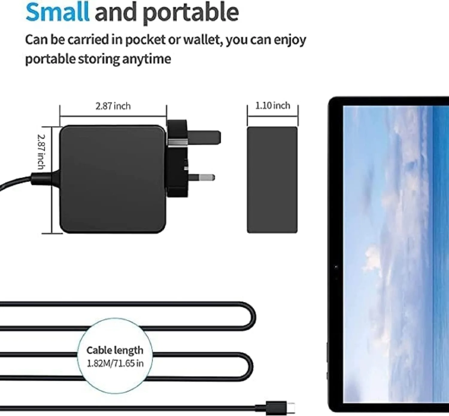 شارژر 65 واتی USB C پریتزکر برای لنوو Thinkpad Yoga Tab M9، هوآوی Matebook، MacBook Pro/Air، Samsung Galaxy Tab، HP، MSI، ASUS، Dell، Acer، Chromebook و سایر آداپتورهای برق لپ‌تاپ/تبلت Type C