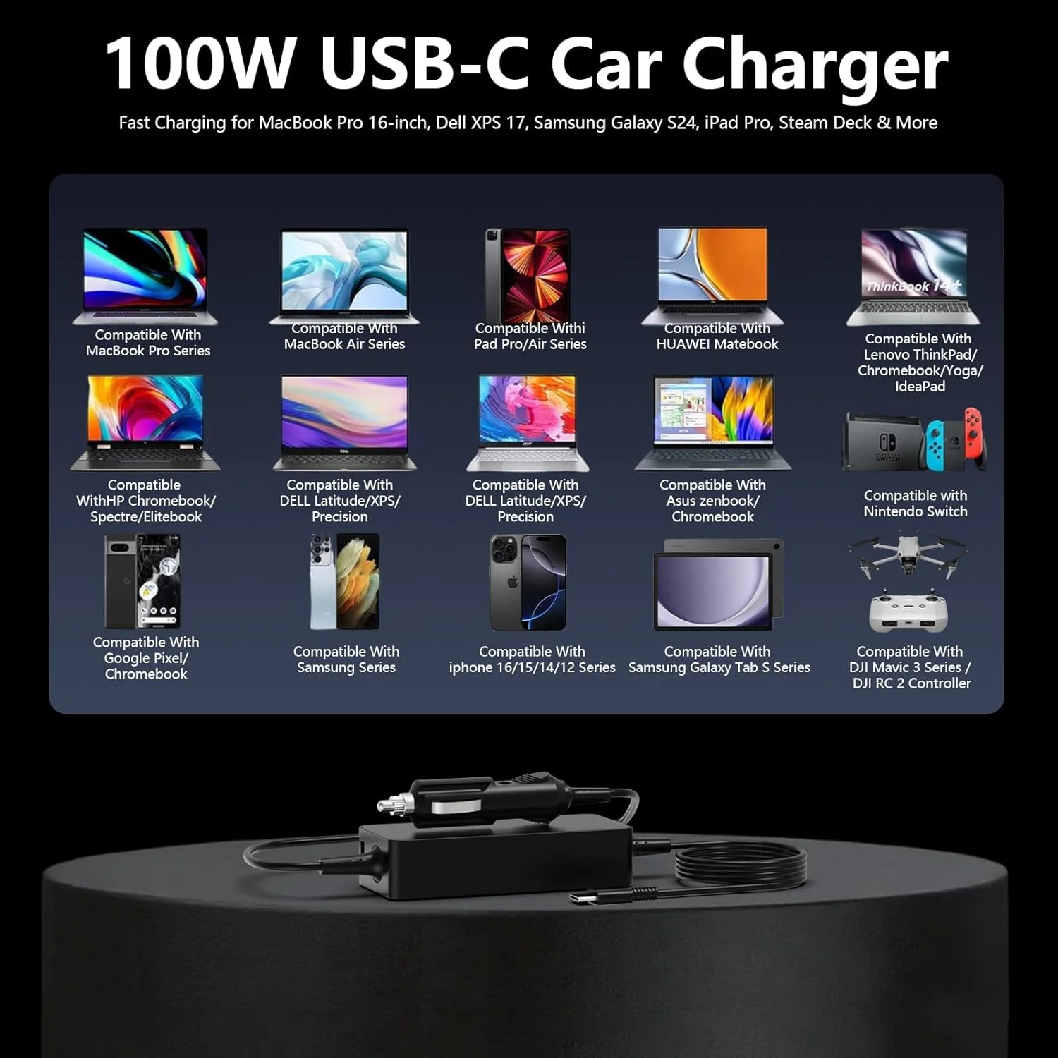 شارژر فندکی لپ تاپ 100 واتی USB C برای Lenovo Thinkpad Dell Latitude/XPS/Precision MacBook Pro/Air HP Spectre/Elitebook Surface pro LG Gram MSI Acer Asus Razer Samsung Chromebook Universal Type C Adapter شارژر فندکی لپ تاپ 100 واتی USB C برای Lenovo Thinkpad Dell Latitude/XPS/Precision MacBook Pro/Air HP Spectre/Elitebook Surface pro LG Gram MSI Acer Asus Razer Samsung Chromebook Universal Type C Adapter