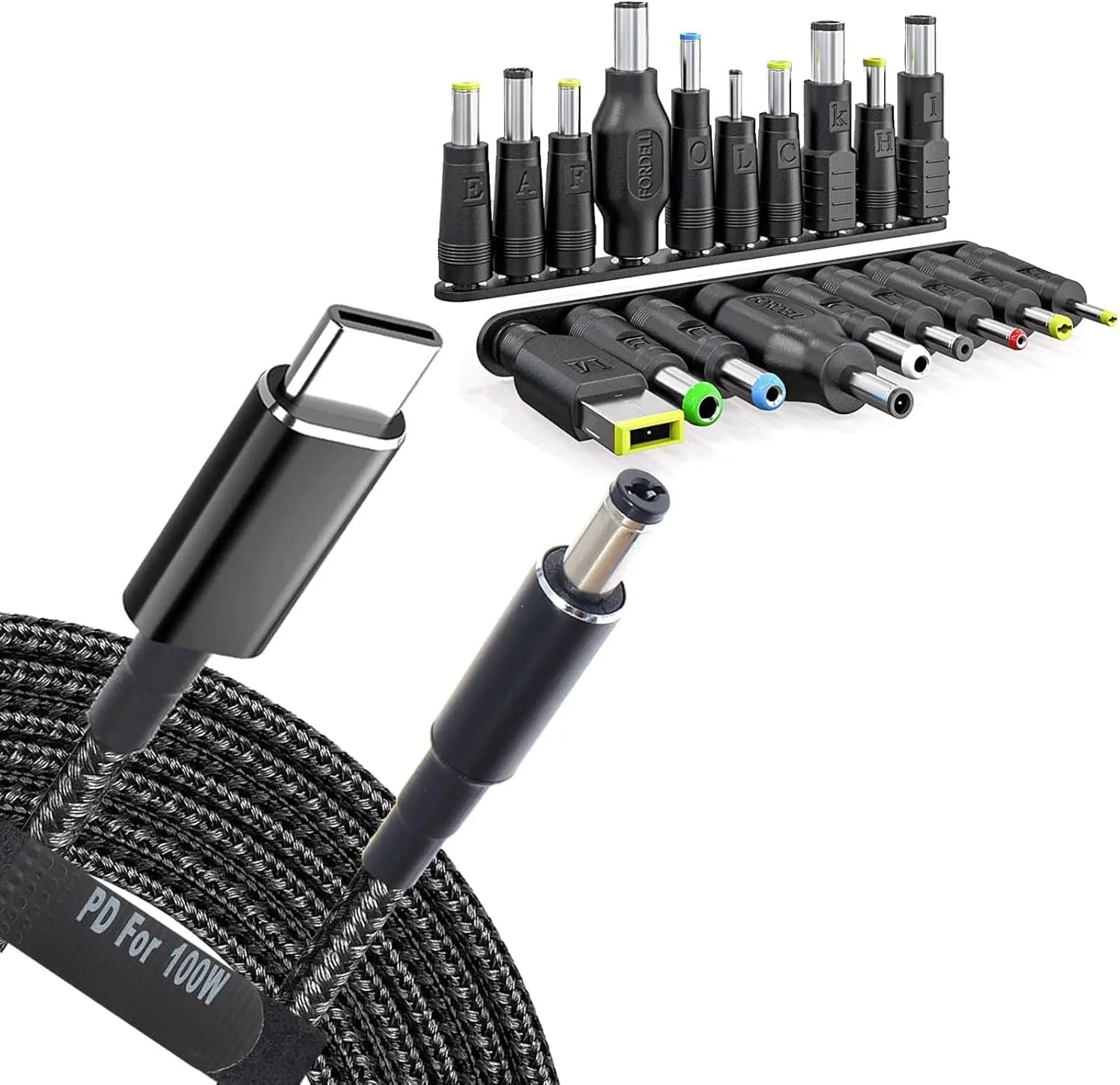 کیت آداپتور USB C به DC با 19 سری پلاگین برق، کابل شارژر یونیورسال با سیم بافته شده PD و جک بشکه ای 5.5x2.1 میلی متری برای شارژ لپ تاپ های MSI، Acer، Asus، Lenovo، Dell، HP