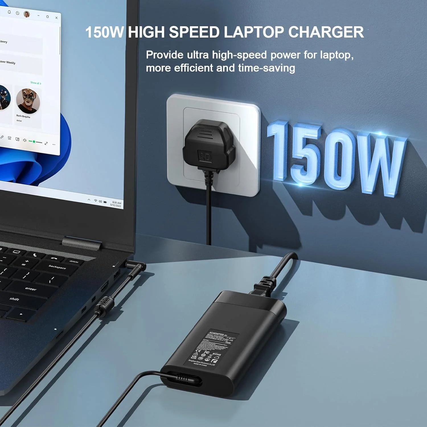 شارژر لپ تاپ 150 واتی Jippofu 19.5V 7.7A سازگار با لپ تاپ گیمینگ HP Victus 15.6 i5، Pavilion Gaming 15 17، Omen 15 17، ZBook Studio G3 G4 G5 G6 G7 G8، آداپتور برق نوک آبی 4.5x3.0mm
