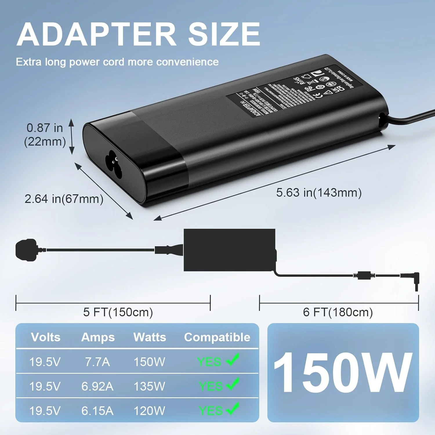 شارژر لپ تاپ 150 واتی Jippofu 19.5V 7.7A سازگار با لپ تاپ گیمینگ HP Victus 15.6 i5، Pavilion Gaming 15 17، Omen 15 17، ZBook Studio G3 G4 G5 G6 G7 G8، آداپتور برق نوک آبی 4.5x3.0mm