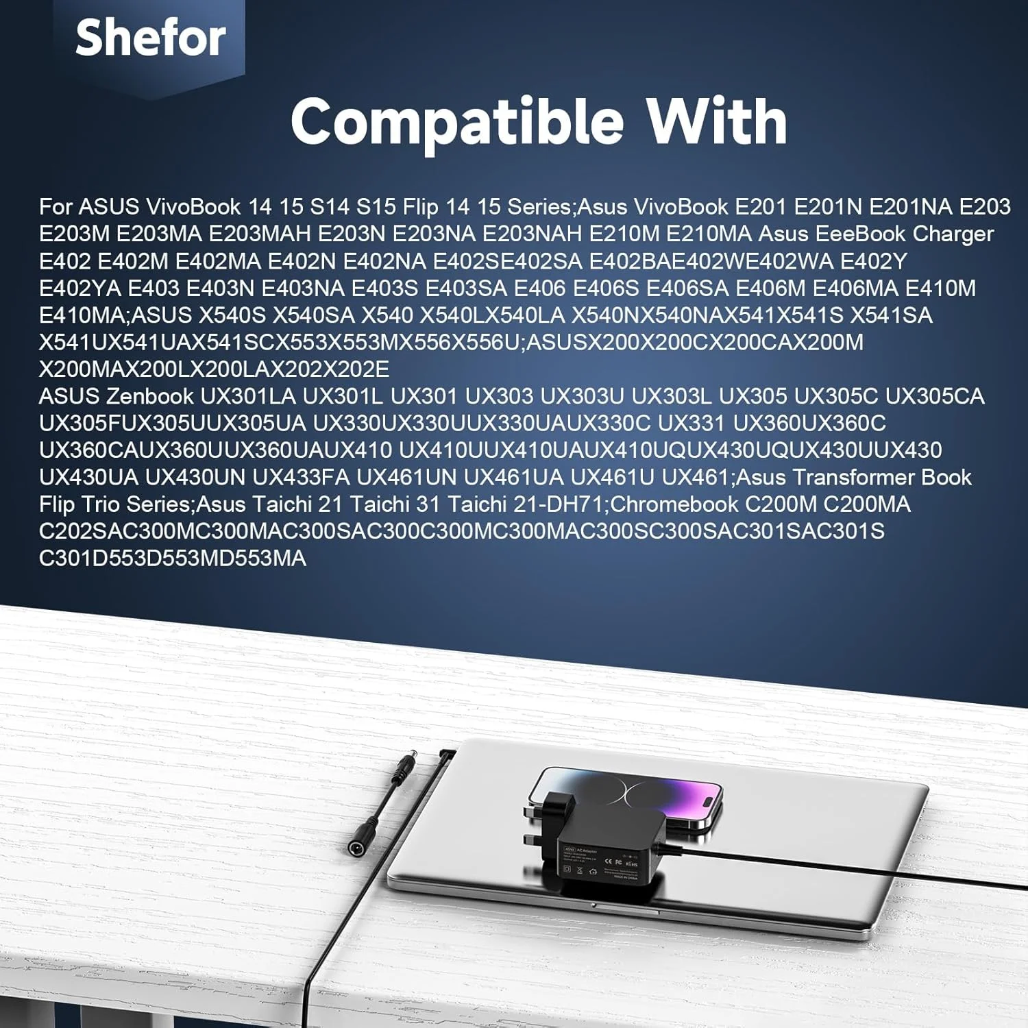 شارژر لپ تاپ 45 واتی سازگار با ASUS Vivobook 14 15 S14 S15 E203M E406M E410M X540S X540L X540UA X540SA X553M X553S X556U، Zenbook 13 14 15 UX303U UX305 UX305C UX330U UX430U [غیر اورجینال]