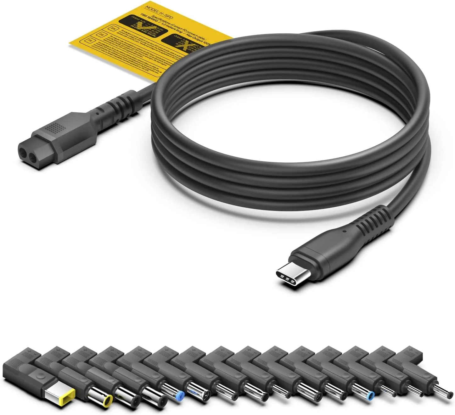 کابل برق USB C PD به کیت آداپتور نوک DC لپ تاپ یونیورسال، کابل تبدیل Type-C به پلاگین شارژر منبع تغذیه 15 کانکتور HP Dell MSI LG Toshiba Lenovo Acer Asus Sony Samsung Laptop، مشکی