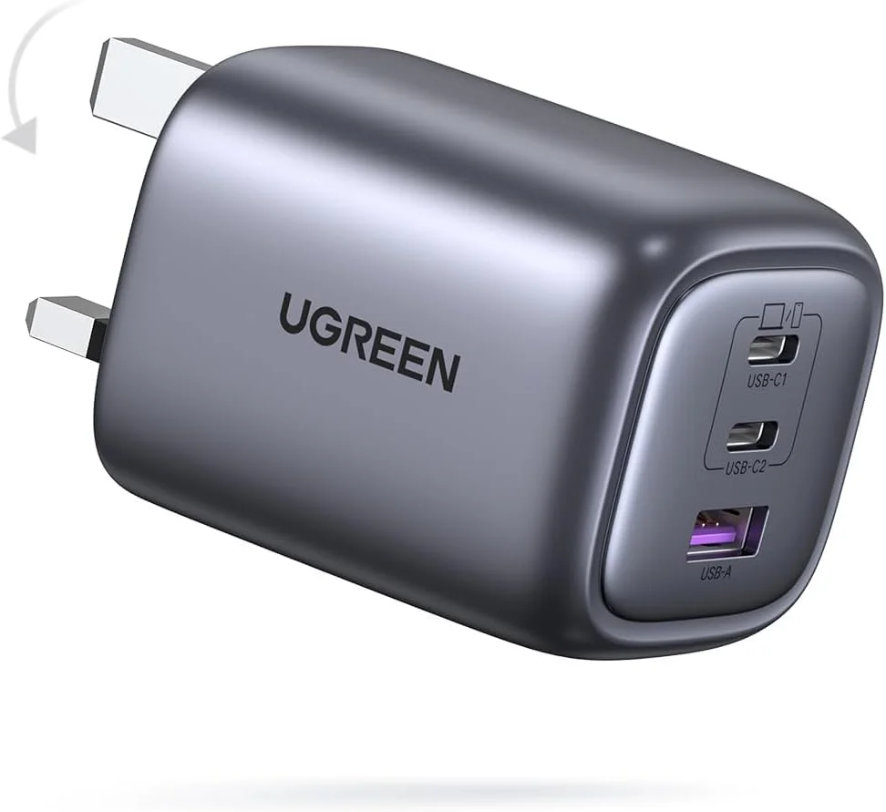 شارژر 65 واتی 3 پورت Type C یوگرین Nexode، دوشاخه شارژ سریع دیواری تاشو USB-C، آداپتور شارژ لپ‌تاپ GaN سازگار با MacBook Air، HP/Dell/Lenovo، iPad، iPhone 17 Pro Max/16، Galaxy S24 Ultra/S23