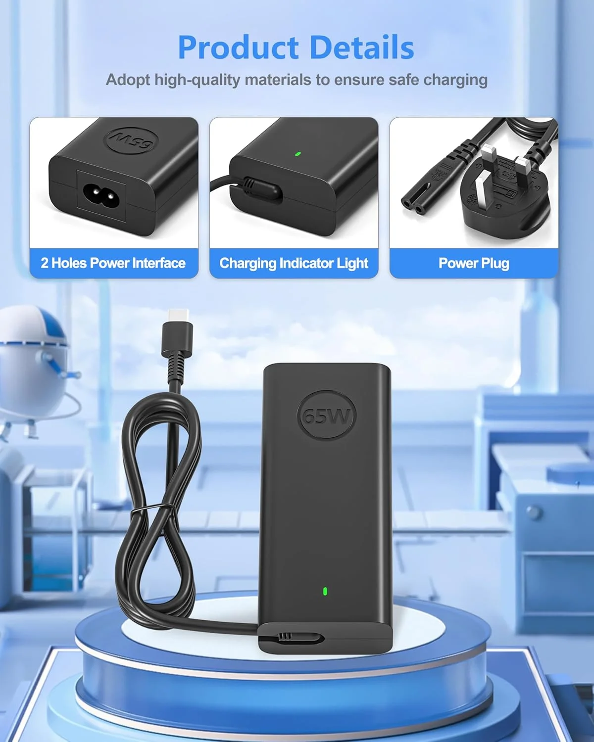 شارژر باریک 65 واتی USB C لپ تاپ جدید برای Dell XPS 13 7390 9310 9315 9300 2-in-1 Latitude 7420 7440 7450 5420 5520 Inspiron 16 15 14 5000 7000 7620 7420 7425 7415 5481 5582 کابل برق Type C