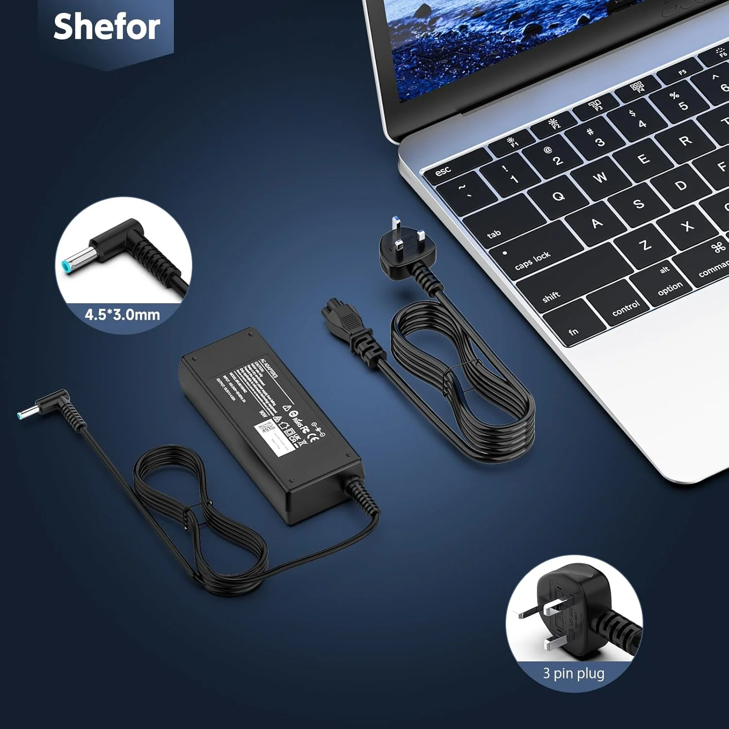 شارژر 90 واتی سازگار با HP، مناسب برای HP Elitebook 840 850 820 830، ProBook 430 440 450 640 650 Pavilion X360 11 13 15، 240 250 255 G4 G5 G6 G7 Envy 13 15 17 Chromebook 11 14【4.5 * 3mm】