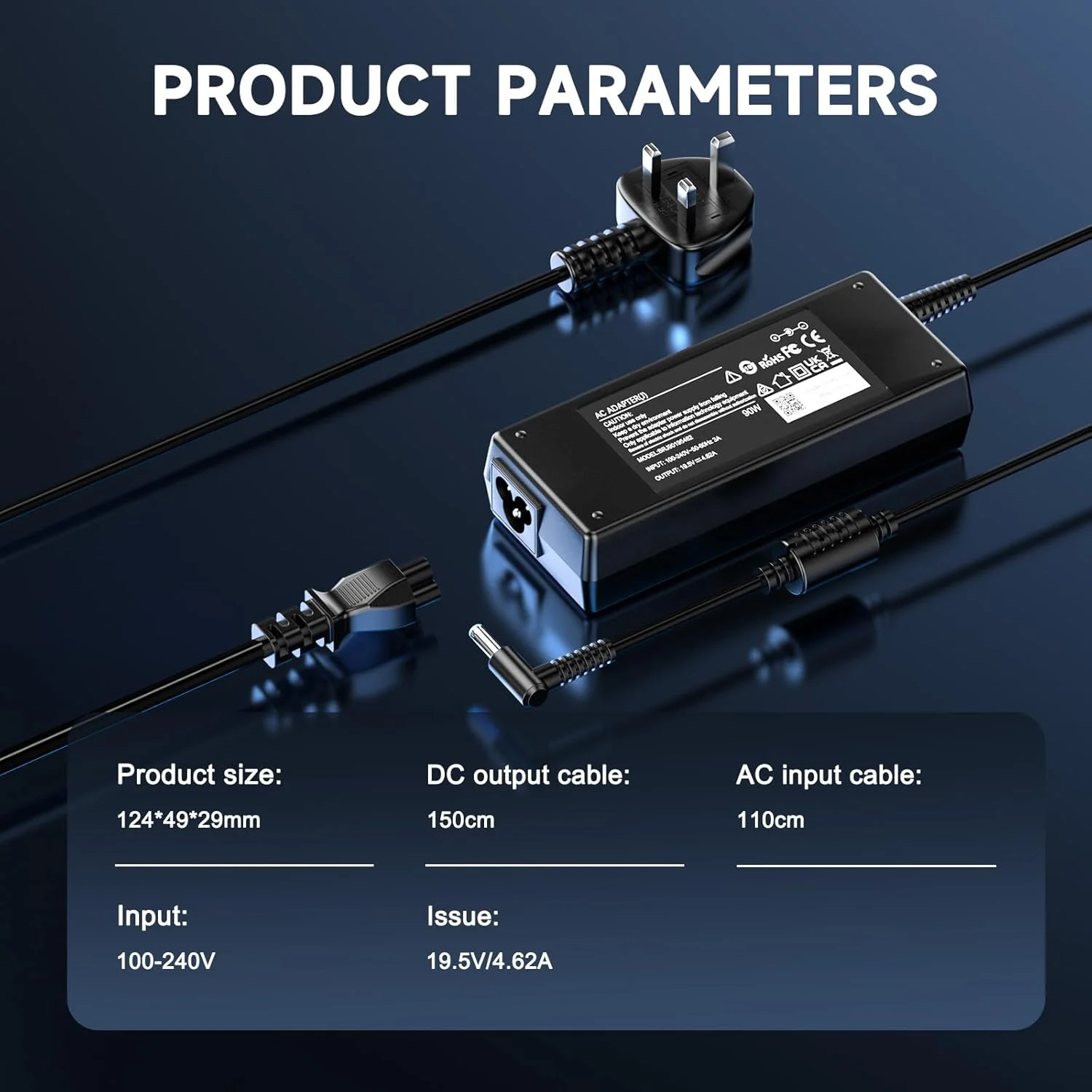 شارژر 90 واتی سازگار با HP، مناسب برای HP Elitebook 840 850 820 830، ProBook 430 440 450 640 650 Pavilion X360 11 13 15، 240 250 255 G4 G5 G6 G7 Envy 13 15 17 Chromebook 11 14【4.5 * 3mm】