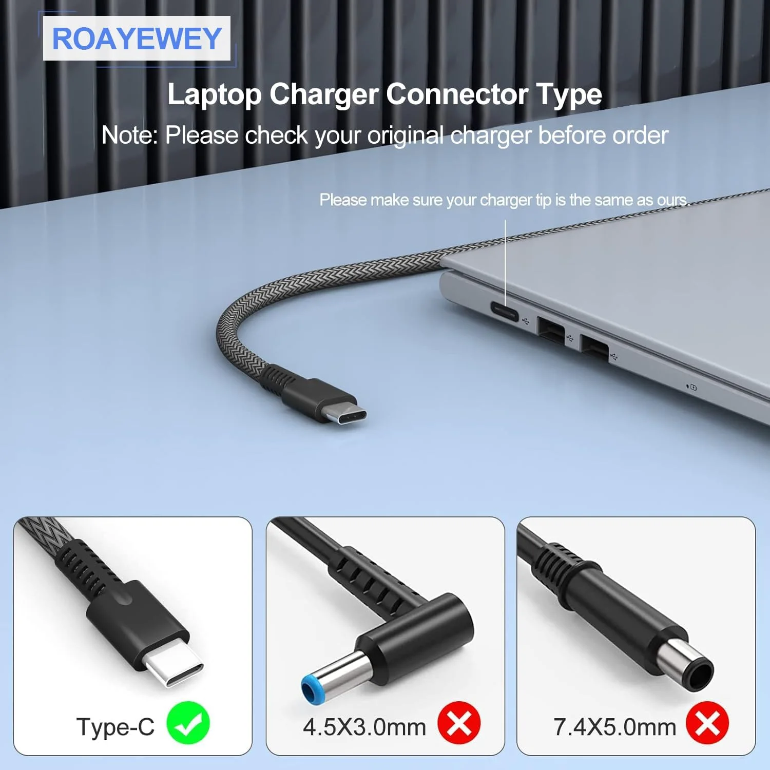 شارژر لپ تاپ 65 واتی باریک جدید ROAYEWEY USB C Chromebook برای HP Spectre X360 14 2 در 1، Elitebook x360، Pavilion Envy Elite x2 آداپتور برق مسافرتی نوع C با شارژ سریع