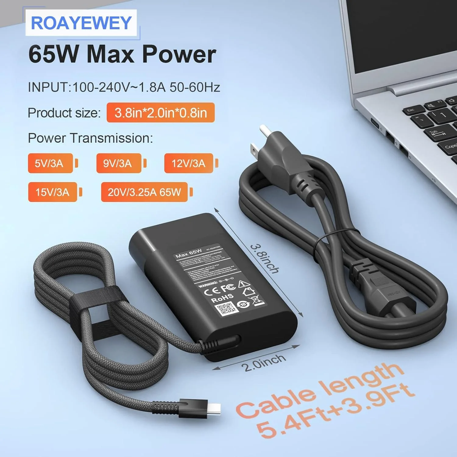 شارژر لپ تاپ 65 واتی باریک جدید ROAYEWEY USB C Chromebook برای HP Spectre X360 14 2 در 1، Elitebook x360، Pavilion Envy Elite x2 آداپتور برق مسافرتی نوع C با شارژ سریع