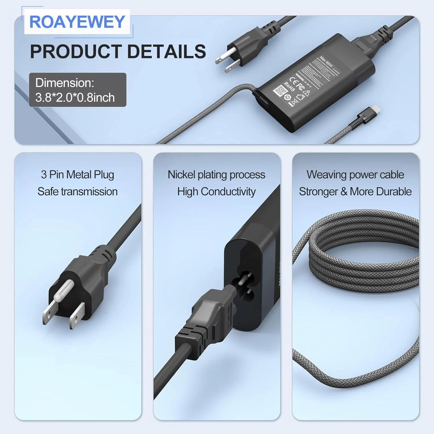 شارژر لپ تاپ 65 واتی باریک جدید ROAYEWEY USB C Chromebook برای HP Spectre X360 14 2 در 1، Elitebook x360، Pavilion Envy Elite x2 آداپتور برق مسافرتی نوع C با شارژ سریع