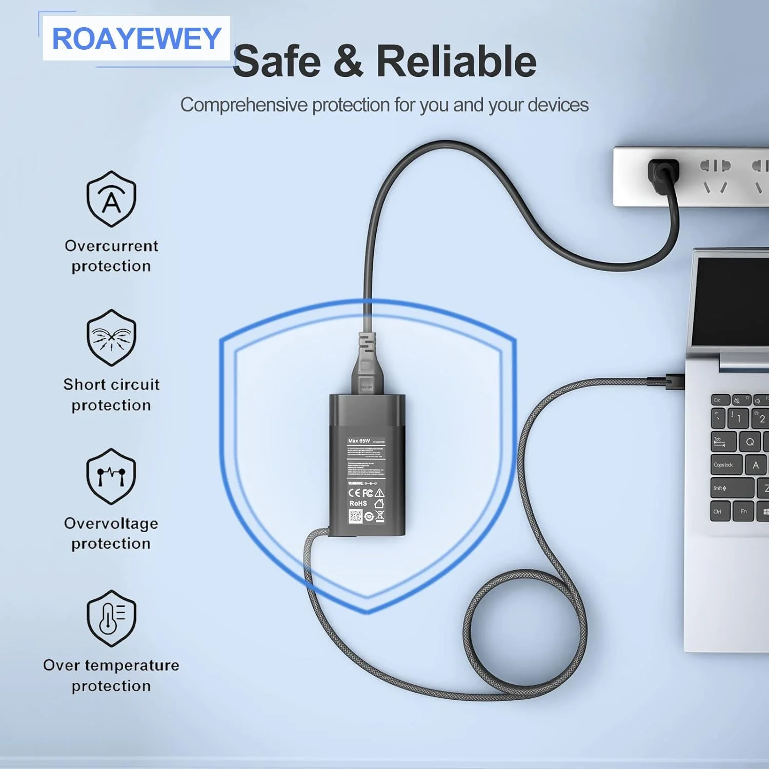 شارژر لپ تاپ 65 واتی باریک جدید ROAYEWEY USB C Chromebook برای HP Spectre X360 14 2 در 1، Elitebook x360، Pavilion Envy Elite x2 آداپتور برق مسافرتی نوع C با شارژ سریع