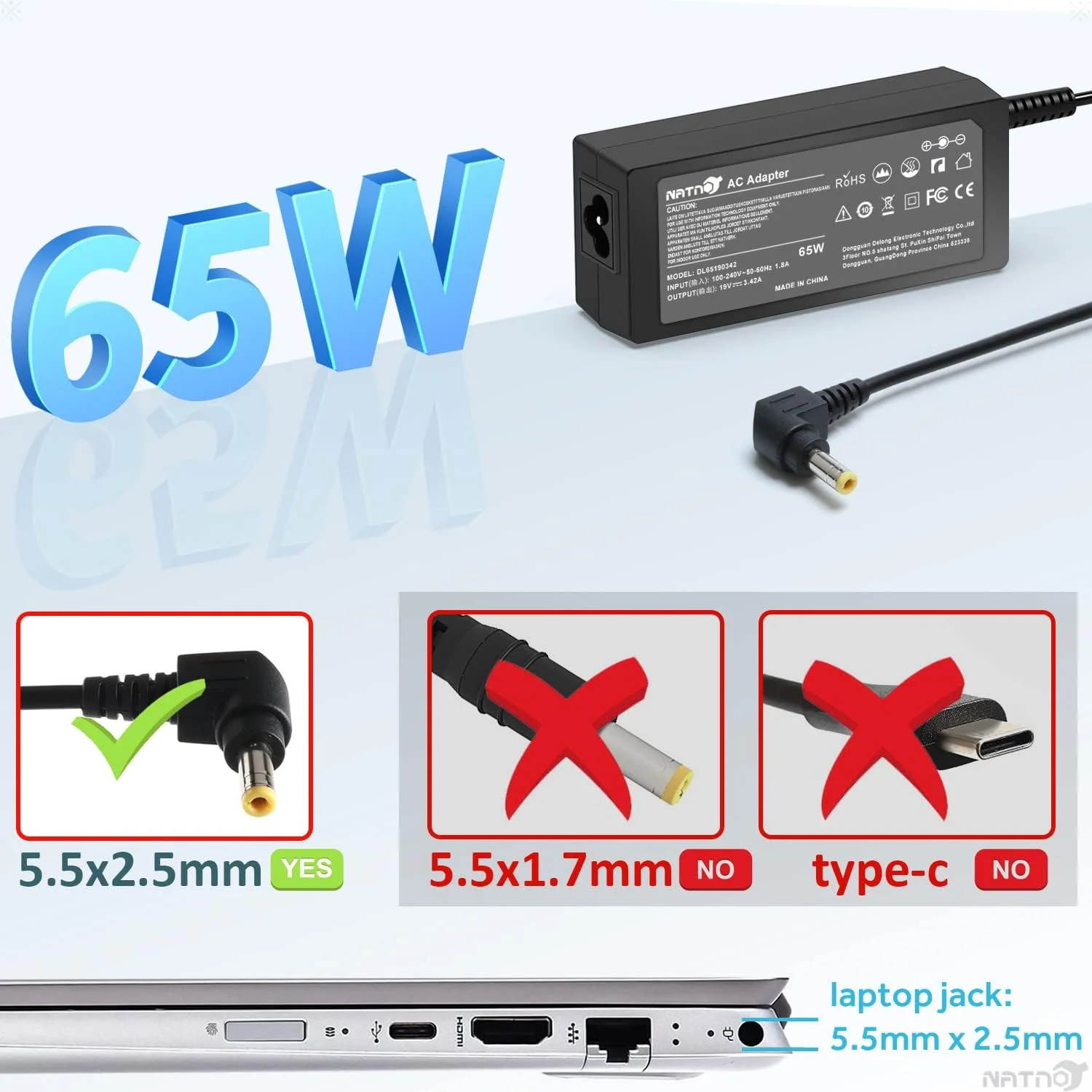 شارژر لپ تاپ 65 واتی NATNO 19V 3.42A آداپتور AC برای Toshiba Satellite C55 C55D C55DT C55T C75 C75D C655 C855 L55 L745 S55 C55-B5240X C55T-A5222 Asus Q551L Q301 U56E X551M X555L سیم برق نوک 5.5x2.5mm