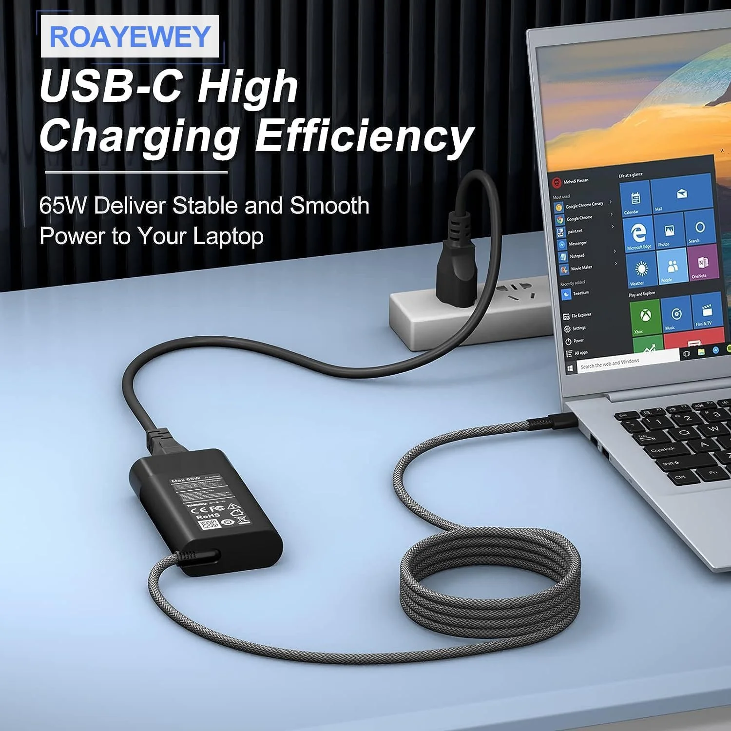 شارژر لپ تاپ 65 واتی باریک جدید ROAYEWEY USB C Chromebook برای HP Spectre X360 14 2 در 1، Elitebook x360، Pavilion Envy Elite x2 آداپتور برق مسافرتی نوع C با شارژ سریع