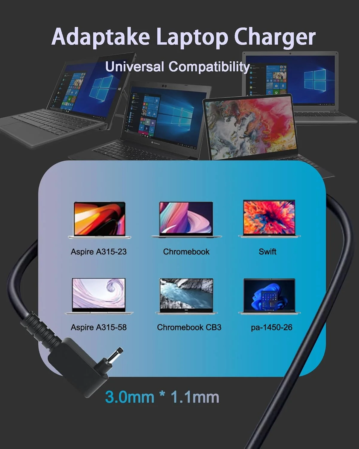 آداپتور شارژر 45 واتی لپ تاپ برای Acer Chromebook 11 13 14 15 R11 R13 R14 CB3 CB5 CB3-532 CB3-431 C720 CB3-431 PA-1450-26 A13-045N2A Aspire 3 A315-23 A315-35 A314-22 سیم برق (3.0mm * 1.1mm) آداپتور شارژر 45 واتی لپ تاپ برای Acer Chromebook 11 13 14 15 R11 R13 R14 CB3 CB5 CB3-532 CB3-431 C720 CB3-431 PA-1450-26 A13-045N2A Aspire 3 A315-23 A315-35 A314-22 سیم برق (3.0mm * 1.1mm)
