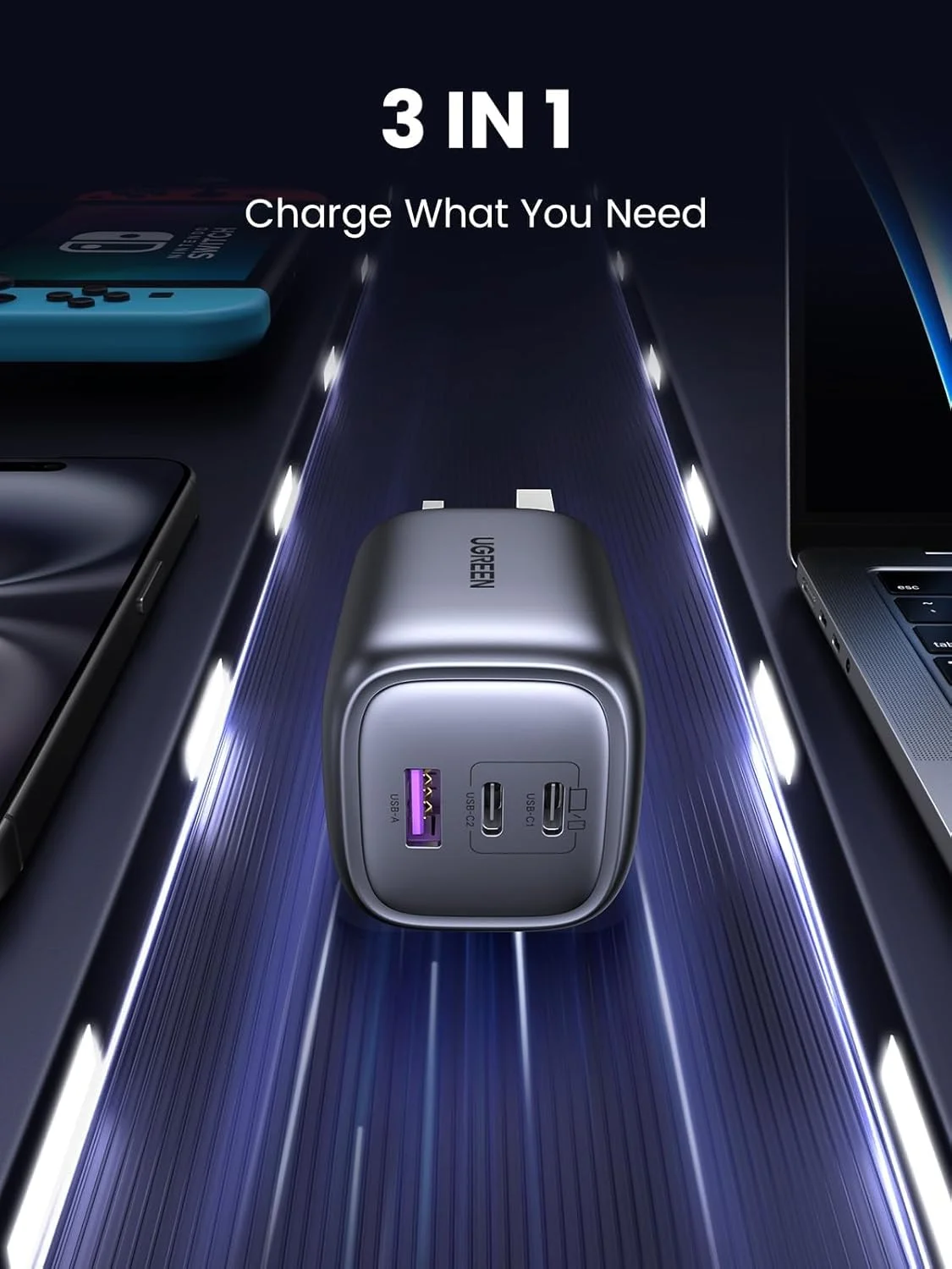 شارژر دیواری 65 واتی 3 پورت Type C یوگرین Nexode، دوشاخه شارژ سریع USB-C تاشو، آداپتور شارژ لپ تاپ GaN سازگار با MacBook Air، HP/Dell/Lenovo، iPad، iPhone 17 Pro Max/16، Galaxy S24 Ultra/S23