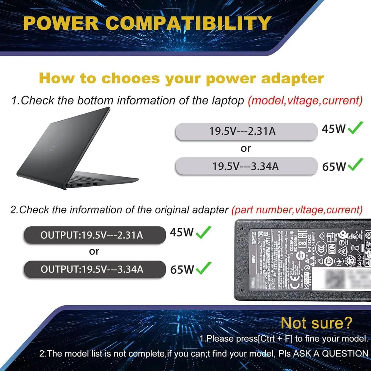 شارژر 65 وات 45 وات SMART SOURCE برای Dell Inspiron، آداپتور جایگزین سازگار با Inspiron 13 14 15 17 3000 5000 7000 3505 3593 3585 5570 5370 Vostro 14 15 Series Latitude 3520 3390 XPS 13 14