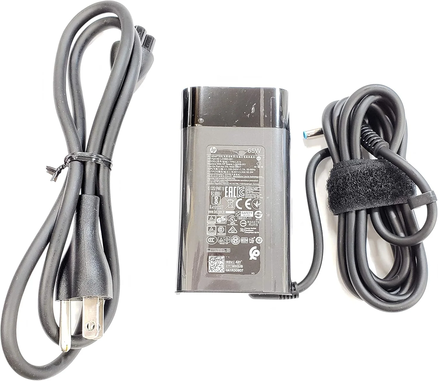 آداپتور 65 وات اصلی و جدید HP با نوک آبی 4.5/3.0mm، شماره قطعه: L23960-001, L24008-001, TPN-LA14، سازگار با: HP Spectre x360 13-4193nr, HP Spectre x360 15-ap001nx 15t-ap000