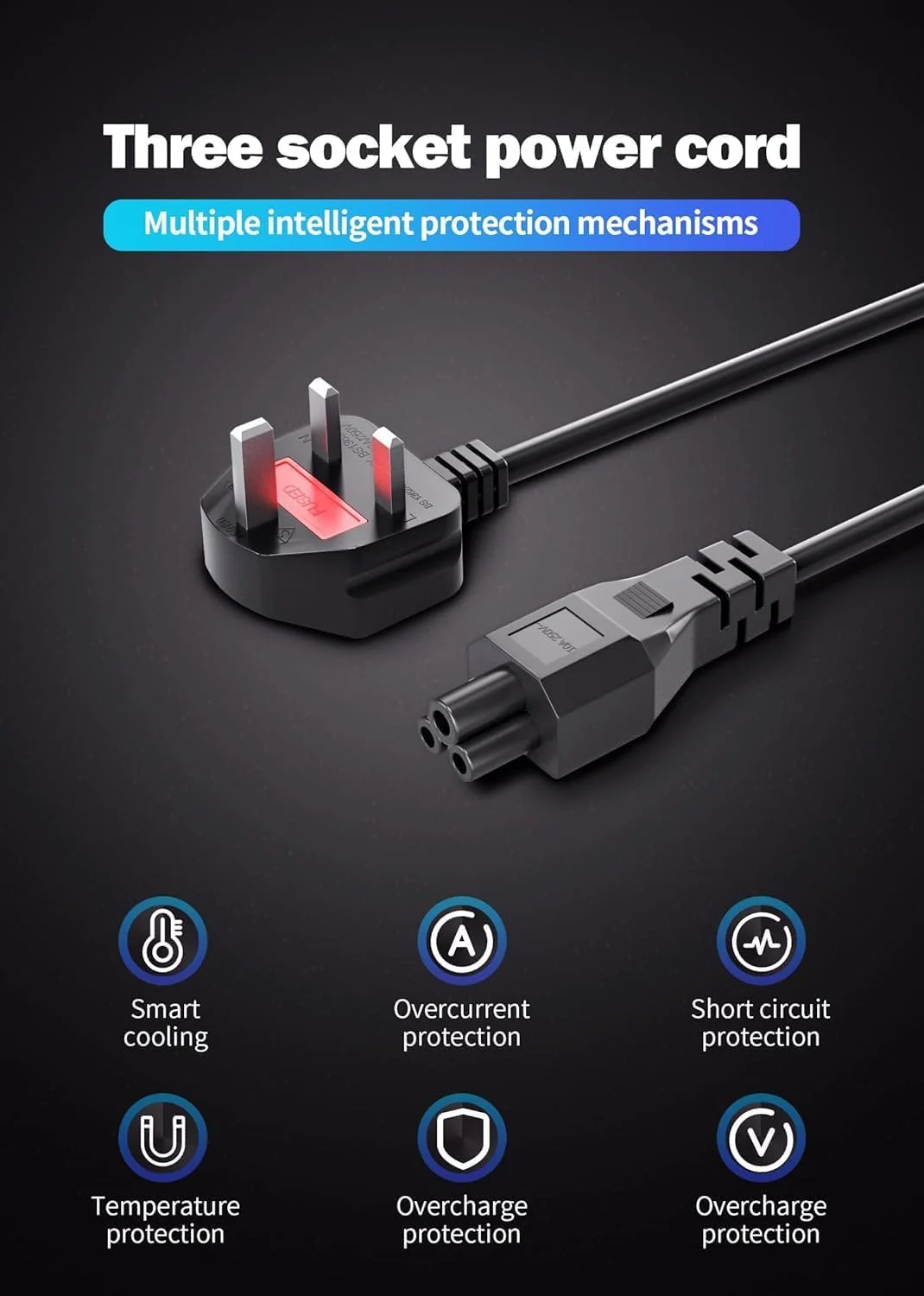 کابل برق STS مدل Cloverleaf با دوشاخه UK و طول 1.5 متر مناسب برای شارژر لپ تاپ های Acer/Dell/HP/Compaq/Toshiba/Vaio/Delta/Asus/Lenovo و سایر تجهیزات الکتریکی