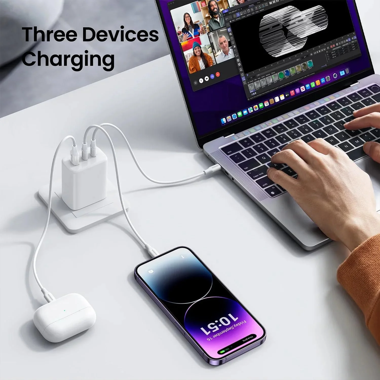 شارژر دیواری 65 واتی فوق سریع چند پورت با کابل بافته شده USB-C یک متری، آداپتور 3 پورت PD 3.0 PPS، دوشاخه شارژ سریع Type-C برای تلفن های هوشمند، تبلت ها، لپ تاپ ها - سفید شارژر دیواری 65 واتی فوق سریع چند پورت با کابل بافته شده USB-C یک متری، آداپتور 3 پورت PD 3.0 PPS، دوشاخه شارژ سریع Type-C برای تلفن های هوشمند، تبلت ها، لپ تاپ ها - سفید