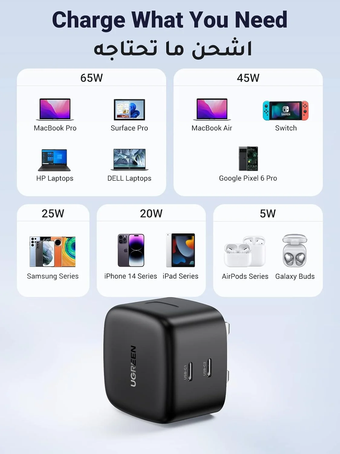 شارژر 65 واتی UGREEN Nexode Type C، آداپتور برق لپ تاپ 2 پورت تاشو GaN، دوشاخه شارژ سریع دیواری USB سازگار برای MacBook Air، HP، Dell، iPad Pro، iPhone 16، Galaxy S25 S24 Ultra شارژر 65 واتی UGREEN Nexode Type C، آداپتور برق لپ تاپ 2 پورت تاشو GaN، دوشاخه شارژ سریع دیواری USB سازگار برای MacBook Air، HP، Dell، iPad Pro، iPhone 16، Galaxy S25 S24 Ultra