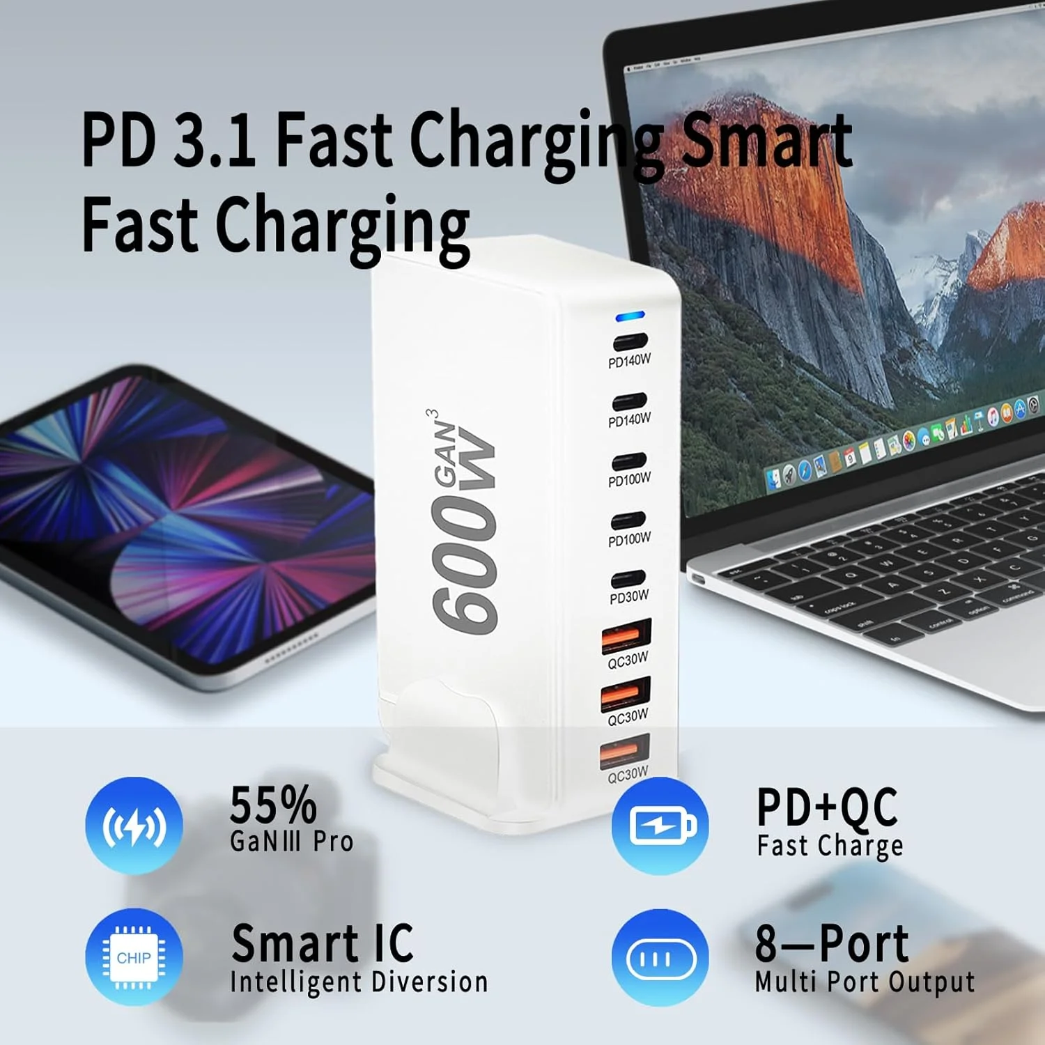 آداپتور شارژ USB C با 8 پورت GaN3، ایستگاه شارژ سریع سازگار با لپتاپ، آیپد، آیفون پرو مکس، شارژر سریع، پیکسل، نوت، مکبوک پرو/ایر، شارژر USB C برای اندروید (YXM-600W سفید) آداپتور شارژ USB C با 8 پورت GaN3، ایستگاه شارژ سریع سازگار با لپتاپ، آیپد، آیفون پرو مکس، شارژر سریع، پیکسل، نوت، مکبوک پرو/ایر، شارژر USB C برای اندروید (YXM-600W سفید)
