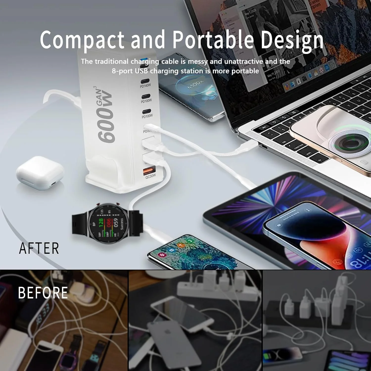 آداپتور شارژ USB C با 8 پورت GaN3، ایستگاه شارژ سریع سازگار با لپتاپ، آیپد، آیفون پرو مکس، شارژر سریع، پیکسل، نوت، مکبوک پرو/ایر، شارژر USB C برای اندروید (YXM-600W سفید) آداپتور شارژ USB C با 8 پورت GaN3، ایستگاه شارژ سریع سازگار با لپتاپ، آیپد، آیفون پرو مکس، شارژر سریع، پیکسل، نوت، مکبوک پرو/ایر، شارژر USB C برای اندروید (YXM-600W سفید)