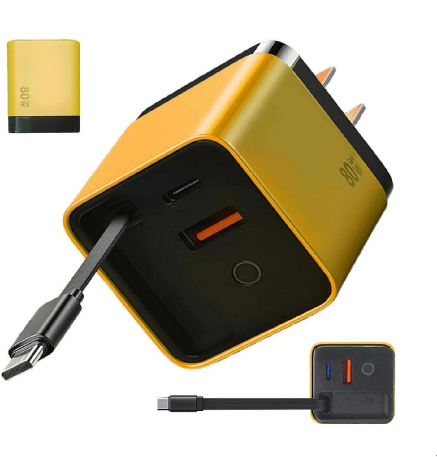 شارژر 3 در 1 GaN اسکیدو 80 وات حداکثر، بلوک شارژ سریع با کابل جمع شونده Type-C و 2 پورت USB، آداپتور قابل حمل برای آیفون، تلفن هوشمند، تلفن همراه - دوشاخه UK