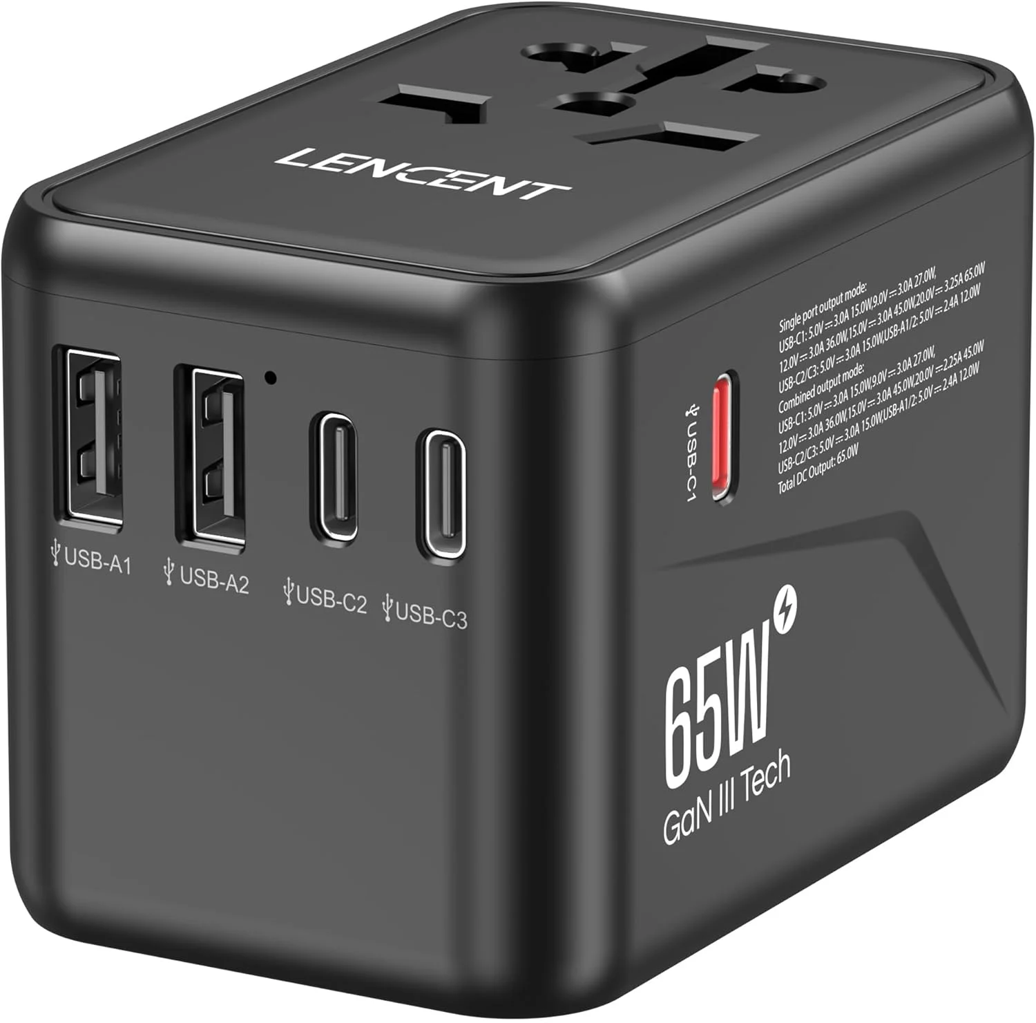 آداپتور مسافرتی جهانی LENCENT، شارژر بین المللی GaN III 65W با 2 پورت USB و 3 آداپتور شارژ سریع USB-C PD، شارژر دیواری جهانی برای آیفون، تبلت ها، لپ تاپ ها، نوع A/C/G/I (ایالات متحده آمریکا/انگلستان/اتحادیه اروپا/استرالیا)