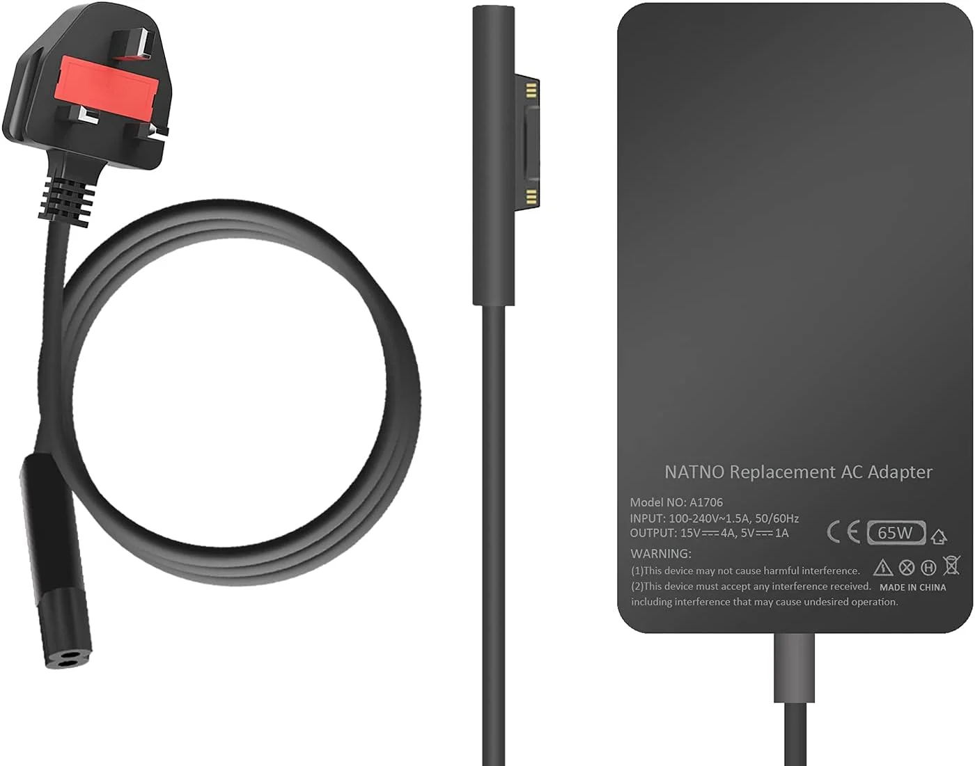 آداپتور برق 65 واتی 15 ولت 4 آمپر NATNO شارژر لپ تاپ برای Microsoft Surface Laptop 6 5 4 1 2 3 Surface Go 4 3 2 1، Surface Pro 3 4 5 6 7 8 9 10 11 X با پورت شارژ USB 5V 1A، پشتیبانی از 44W 36W