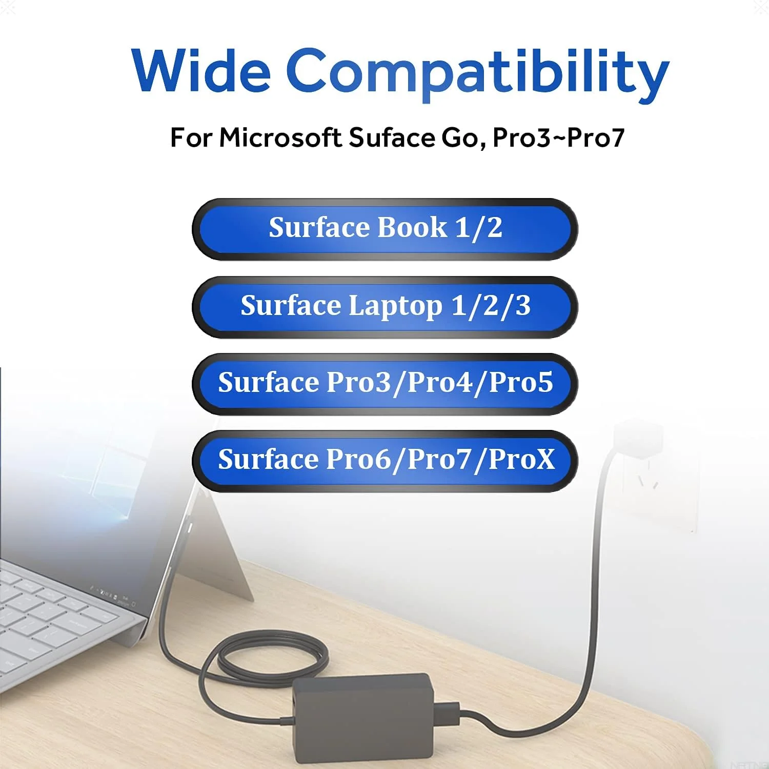 آداپتور برق 65 واتی 15 ولت 4 آمپر NATNO شارژر لپ تاپ برای Microsoft Surface Laptop 6 5 4 1 2 3 Surface Go 4 3 2 1، Surface Pro 3 4 5 6 7 8 9 10 11 X با پورت شارژ USB 5V 1A، پشتیبانی از 44W 36W