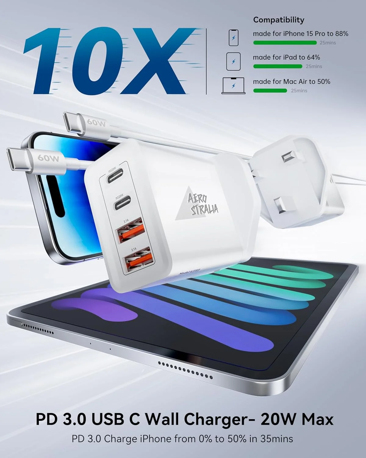 شارژر سریع USB C Aerostralia - بسته 2 عددی شارژر دیواری 40 واتی دوگانه USB C - آداپتور برق 4 پورت 20 واتی USB C با شارژر دوگانه PD USBC با کابل شارژ سریع C به C سازگار با iPhone، MacBook Air، لپ تاپ شارژر سریع USB C Aerostralia - بسته 2 عددی شارژر دیواری 40 واتی دوگانه USB C - آداپتور برق 4 پورت 20 واتی USB C با شارژر دوگانه PD USBC با کابل شارژ سریع C به C سازگار با iPhone، MacBook Air، لپ تاپ