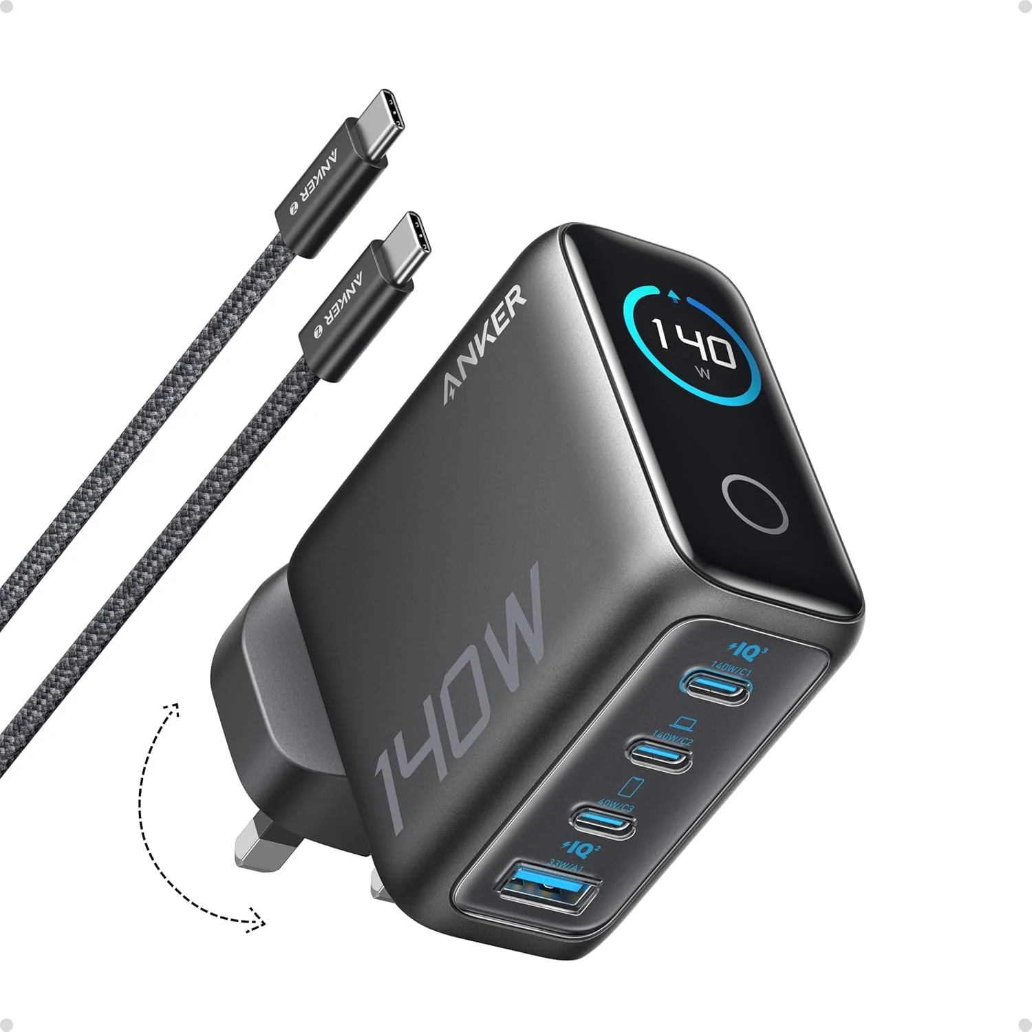 شارژر USB C انکر 140W، شارژر لپ تاپ، شارژ سریع 4 پورت برای چند دستگاه، آداپتور برق GaN پیشرفته، کنترل های لمسی بصری، سازگار با MacBook، سری iPhone 17، Samsung، Pixel و غیره
