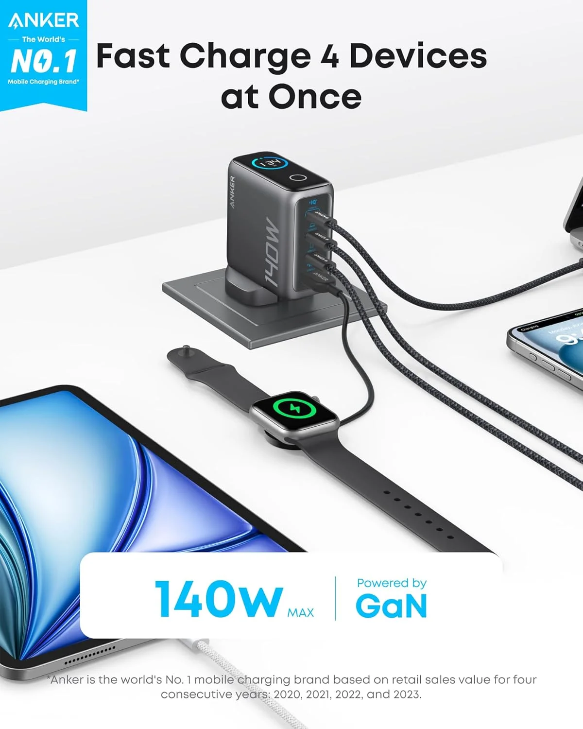 شارژر USB C انکر 140W، شارژر لپ تاپ، شارژ سریع 4 پورت برای چند دستگاه، آداپتور برق GaN پیشرفته، کنترل های لمسی بصری، سازگار با MacBook، سری iPhone 17، Samsung، Pixel و غیره شارژر USB C انکر 140W، شارژر لپ تاپ، شارژ سریع 4 پورت برای چند دستگاه، آداپتور برق GaN پیشرفته، کنترل های لمسی بصری، سازگار با MacBook، سری iPhone 17، Samsung، Pixel و غیره