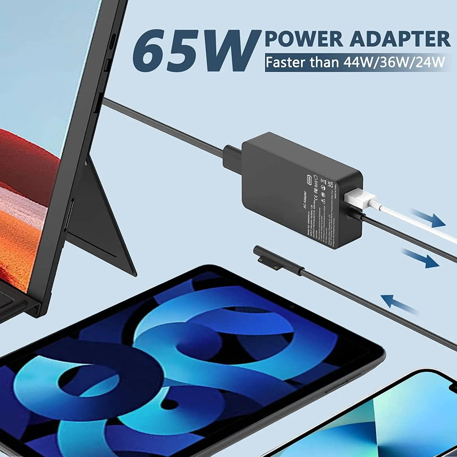 شارژر 65 وات 45 وات سرفیس پرو، آداپتور لپ تاپ مایکروسافت سرفیس، سازگار با سرفیس پرو 8/ X/Pro 7/7/ 5/4/ 3، شارژر لپ تاپ سرفیس، 4/3/2 سرفیس بوک، سرفیس گو 3/2/1