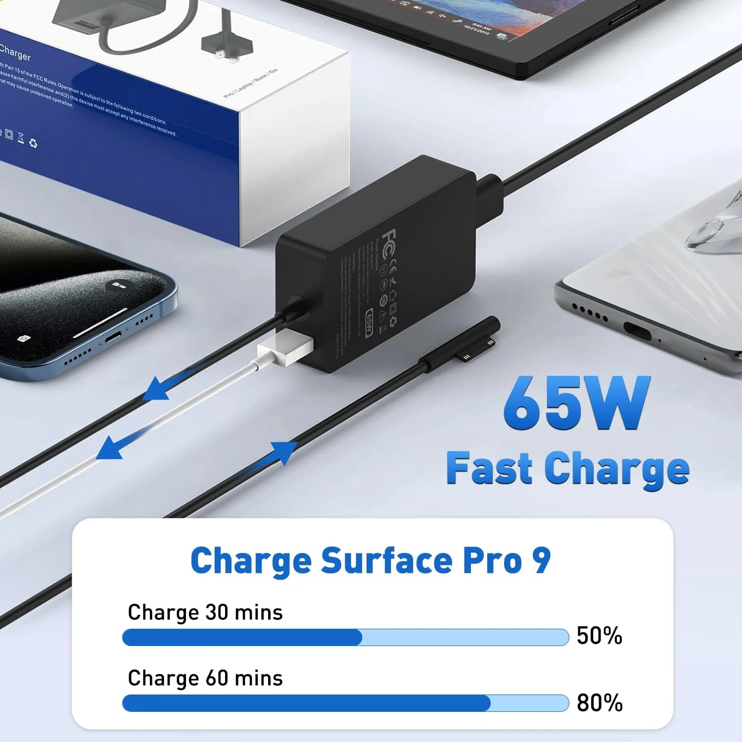 شارژر لپ تاپ سرفیس، شارژ سریع 65 واتی PD، آداپتور سرفیس 15V4A نر، آداپتور لپ تاپ 5/4/3/2/1، Microsoft pro7/6/5/4، Sur face go، Sur face book، همراه با کابل