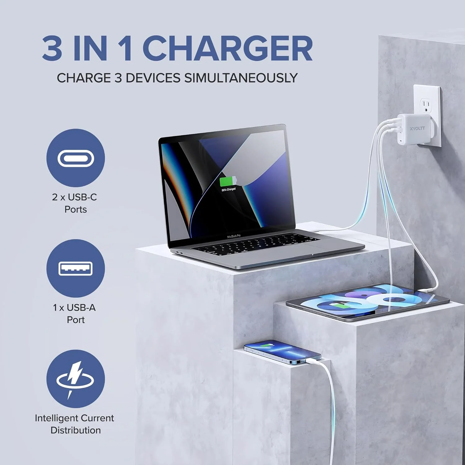 شارژر 65 واتی تایپ C - آداپتور شارژر 67 واتی GaN، شارژر 3 پورت USB C [2USBC و USB A] شارژر 65 واتی لپ تاپ تایپ C سازگار با آیفون 16 پرو مکس/15 مک بوک پرو/ایر، آیپد، گلکسی S24/S23، لنوو