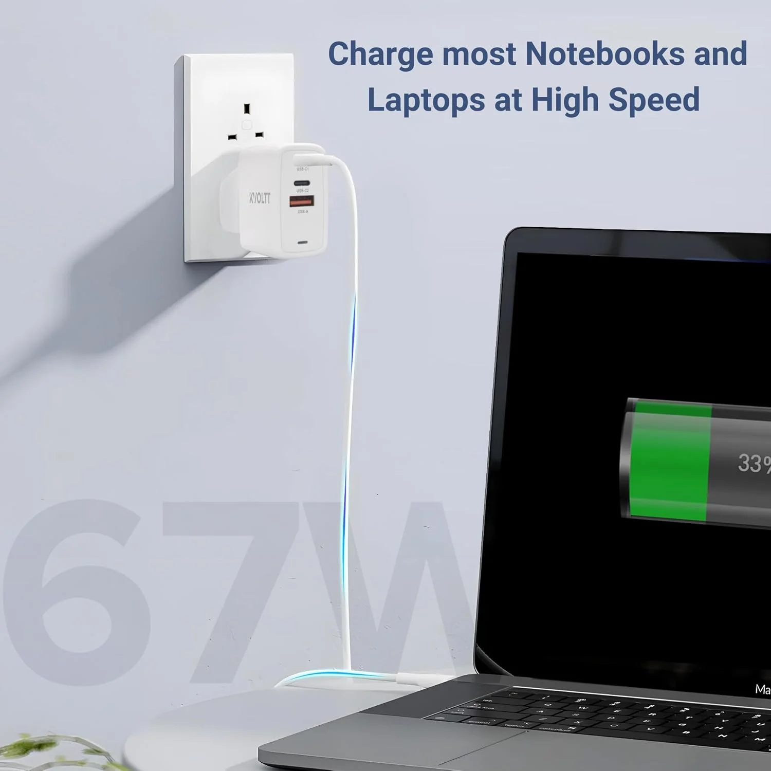شارژر 65 واتی تایپ C - آداپتور شارژر 67 واتی GaN، شارژر 3 پورت USB C [2USBC و USB A] شارژر 65 واتی لپ تاپ تایپ C سازگار با آیفون 16 پرو مکس/15 مک بوک پرو/ایر، آیپد، گلکسی S24/S23، لنوو