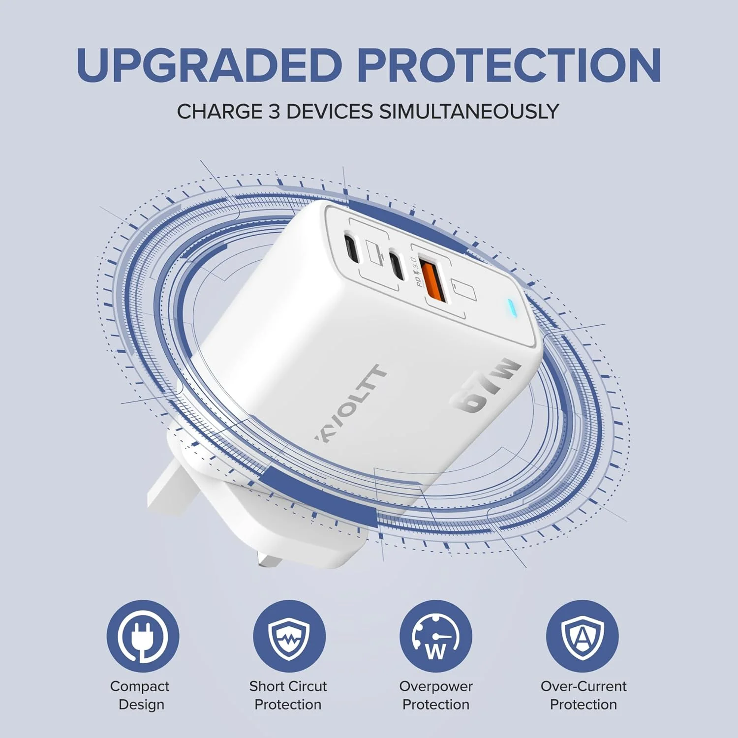 شارژر 65 واتی تایپ C - آداپتور شارژر 67 واتی GaN، شارژر 3 پورت USB C [2USBC و USB A] شارژر 65 واتی لپ تاپ تایپ C سازگار با آیفون 16 پرو مکس/15 مک بوک پرو/ایر، آیپد، گلکسی S24/S23، لنوو