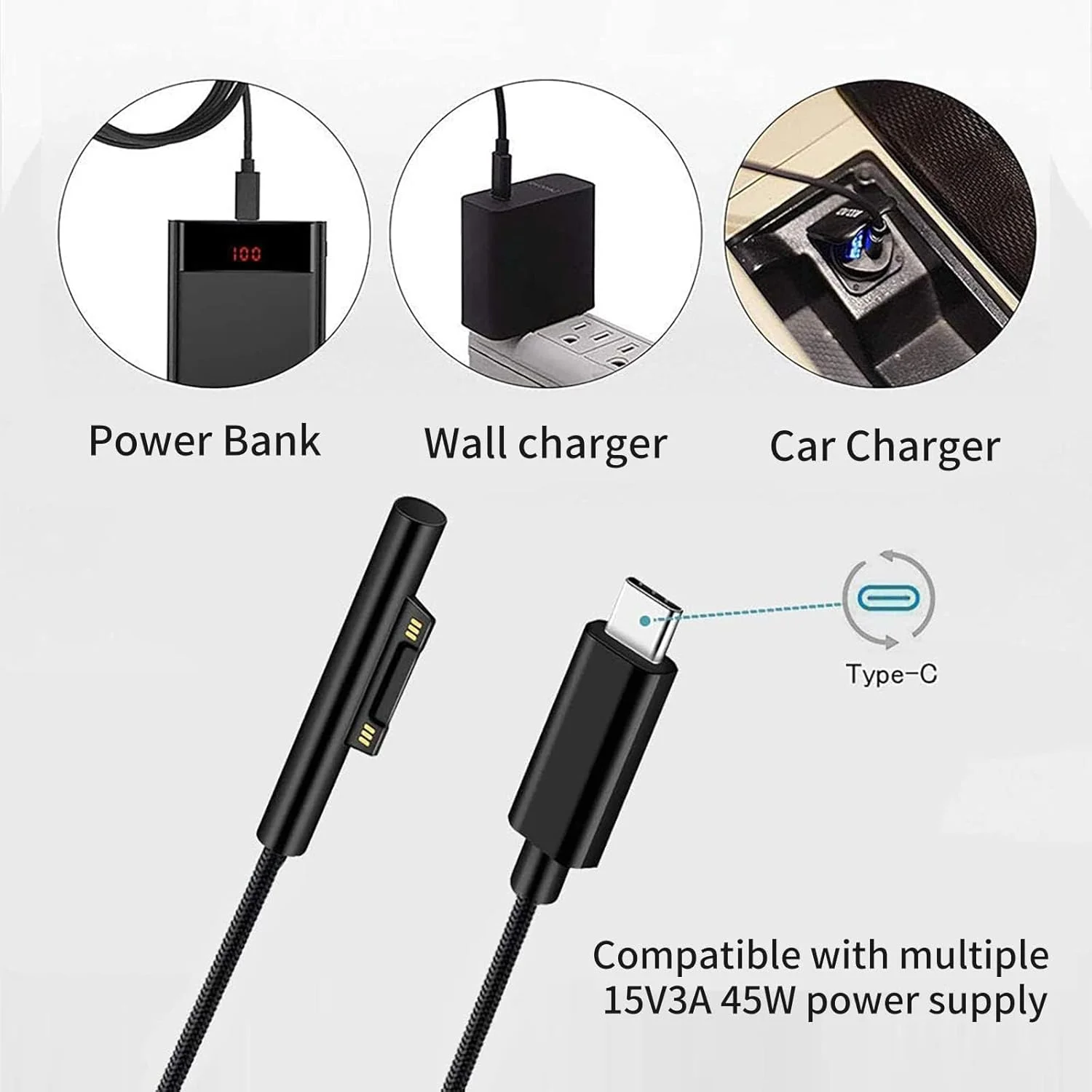 کابل شارژ فلزی بافته شده SANMUGEED Surface به USB-C طول 1.5 متر، سازگار با Microsoft Surface Pro7 Go2 Pro6 5/4/3 Laptop3/2/1، کار با شارژر 45W 15V3A USBC کابل شارژ فلزی بافته شده SANMUGEED Surface به USB-C طول 1.5 متر، سازگار با Microsoft Surface Pro7 Go2 Pro6 5/4/3 Laptop3/2/1، کار با شارژر 45W 15V3A USBC