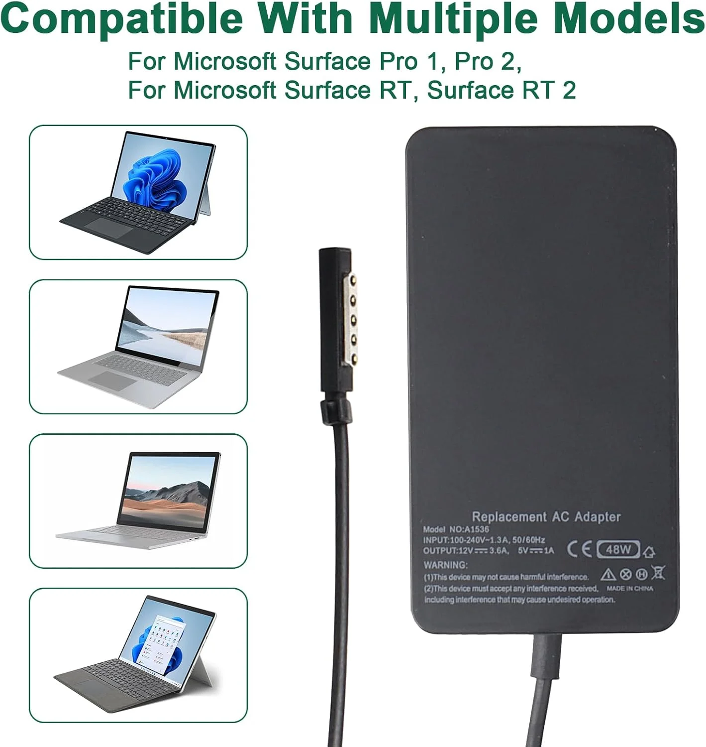شارژر لپ تاپ و تبلت 12 ولت 3.6 آمپر 48 وات WoskjXas سازگار با Microsoft Surface Pro 1، Pro 2، Surface RT و Surface RT 2 10.6 اینچی با کانکتور USB و کابل شارژ