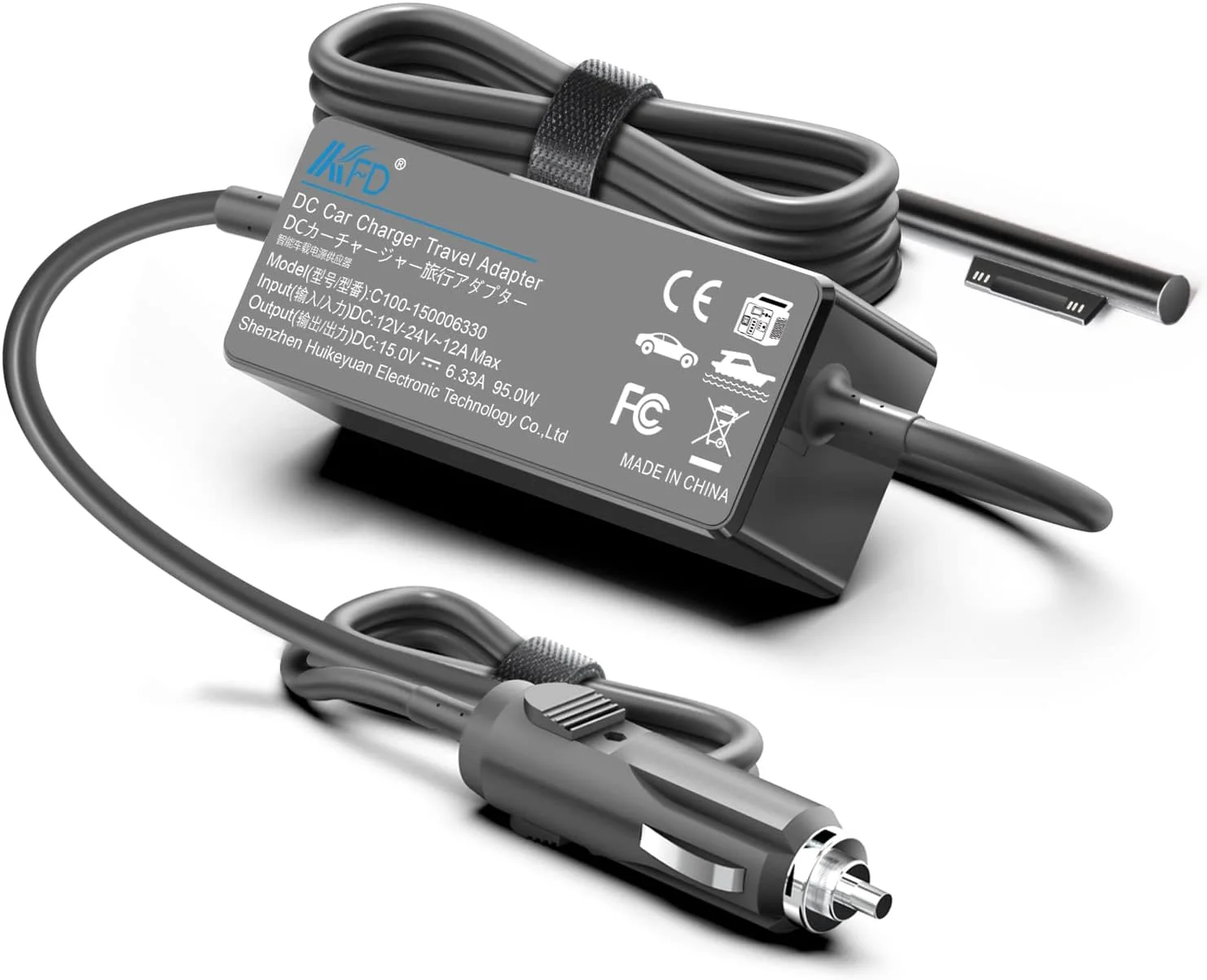 شارژر فندکی خودرو KFD 102W DC 12V-24V برای مایکروسافت سرفیس پرو 9/8/7/6/5/4/3/X، لپ تاپ 5/4/3/2/1، بوک 3/2/1، گو 3/2/1 - Surface Connect، مشکی