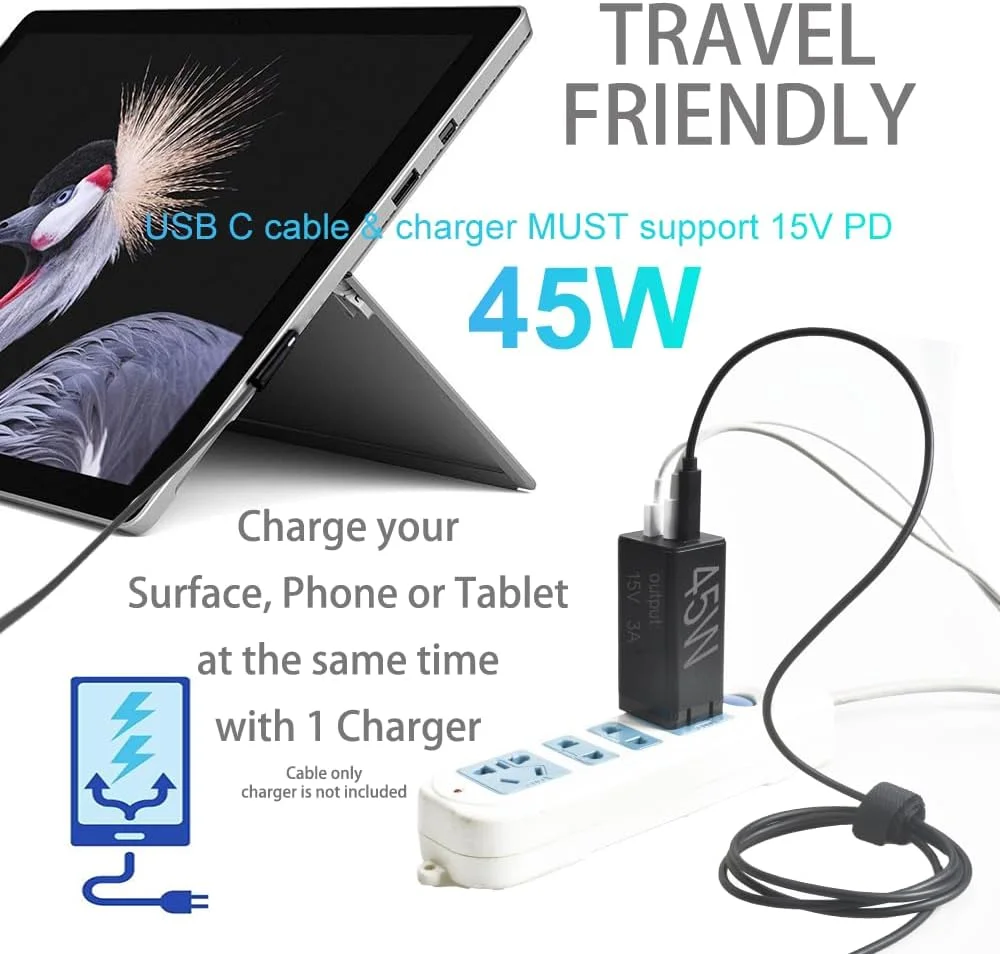 کابل شارژ E-MOSOST Microsoft Surface Connect به USB-C PD 15V برای Surface Pro، Book، Laptop، Go (USBC نر)