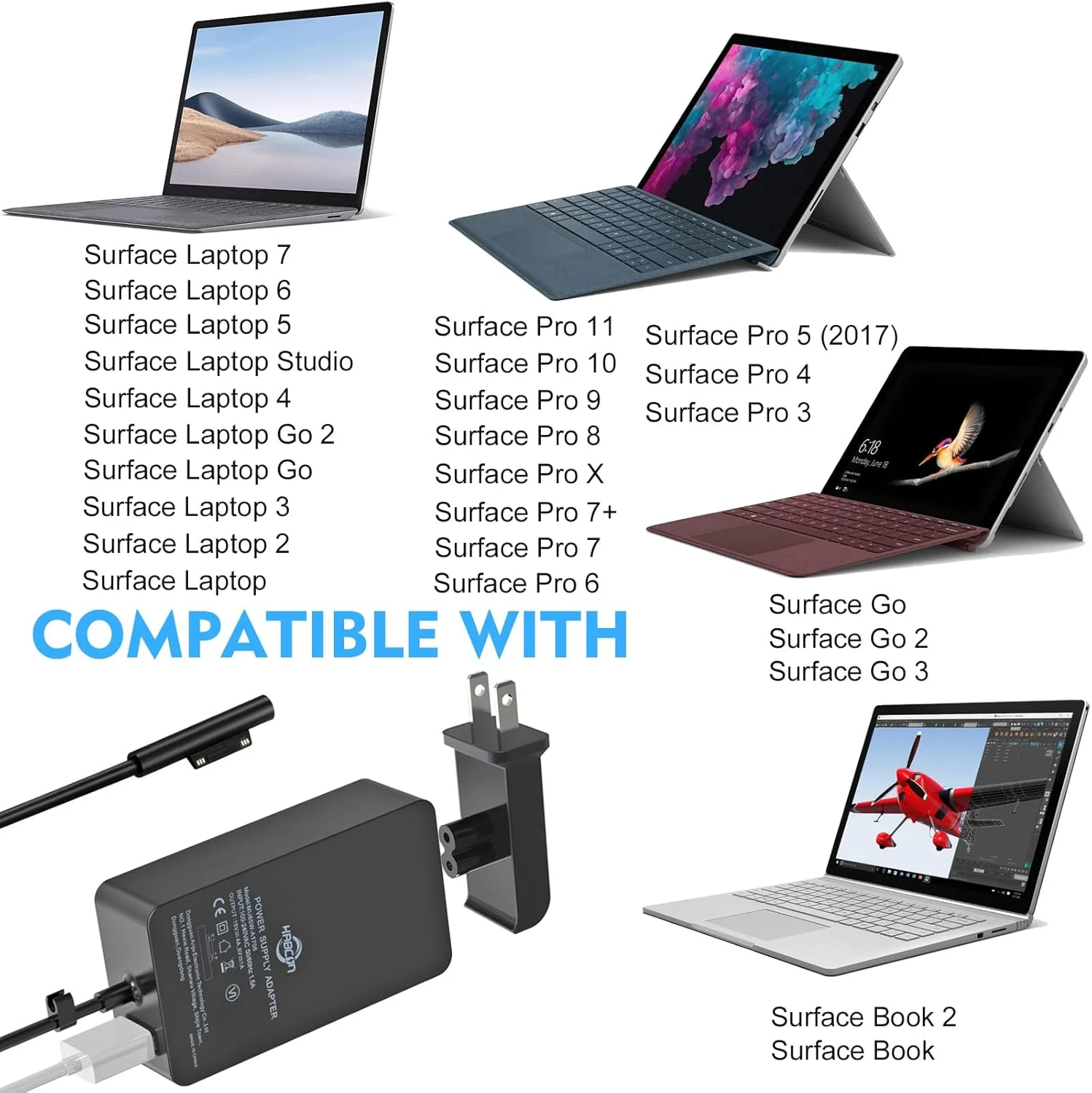 شارژر لپ تاپ سطحی KABCON Pro [دارای گواهینامه UL] آداپتور برق 65 واتی سازگار با Microsoft Surface Pro X Pro 7 Pro 6 Pro 5 Pro 4 Pro 3 Surface Laptop 1 2 3 Surface Go 1 2 Surface Book به همراه کیف مسافرتی