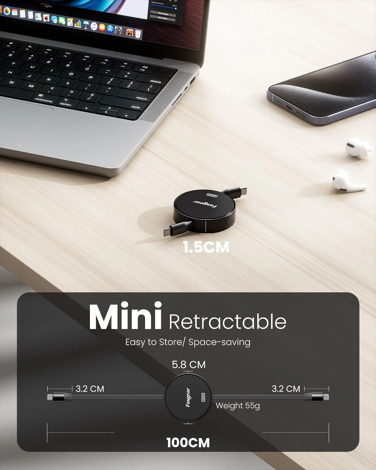کابل USB C به USB C فست گیر 240 وات، 1 متر جمع شونده، کابل شارژ سریع 5 آمپر نوع C برای شارژر USB C 100 وات [4 طول کشش] سازگار با آیفون 15، سامسونگ گلکسی Z Flip5 S23، مک بوک پرو (مشکی)