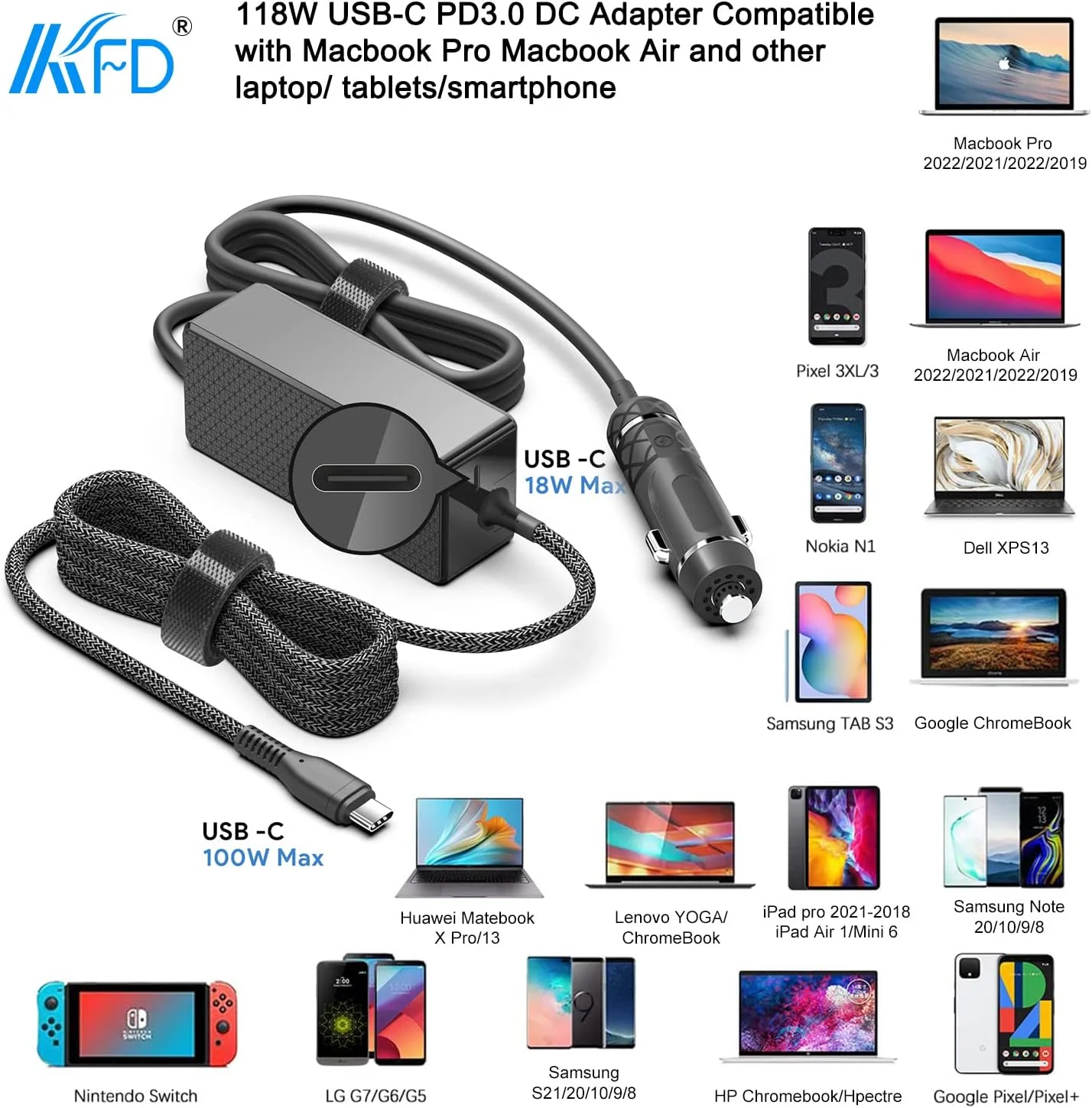 شارژر فندکی لپ تاپ USB C با توان 45W 60W 65W 87W 90W 96W 100W سازگار با: MacBook Air/Pro ASUS C523NA Dell XPS 15 9570 HP Spectre x360 255 G8 Lenovo Yoga Thinkpad Lenovo ideapad 5 pro Samsung Asus Microsoft شارژر فندکی لپ تاپ USB C با توان 45W 60W 65W 87W 90W 96W 100W سازگار با: MacBook Air/Pro ASUS C523NA Dell XPS 15 9570 HP Spectre x360 255 G8 Lenovo Yoga Thinkpad Lenovo ideapad 5 pro Samsung Asus Microsoft