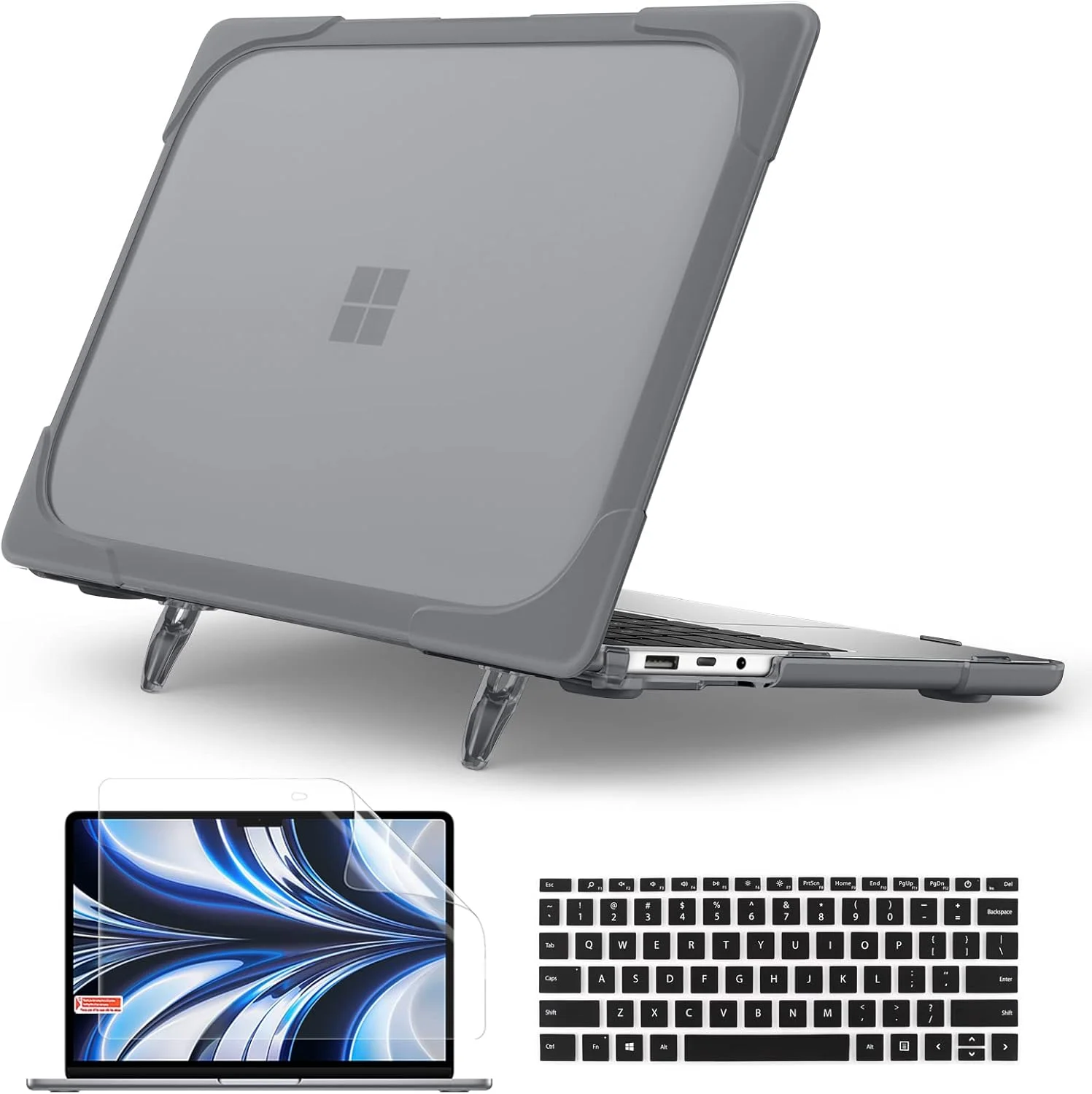 کیف محافظ سنگین Batianda برای لپ تاپ 15 اینچی Microsoft Surface Laptop 5 4 3 با صفحه لمسی، پایه تاشو و روکش کیبورد - پوشش محافظ ضد ضربه برای دوام بیشتر و راحتی، خاکستری