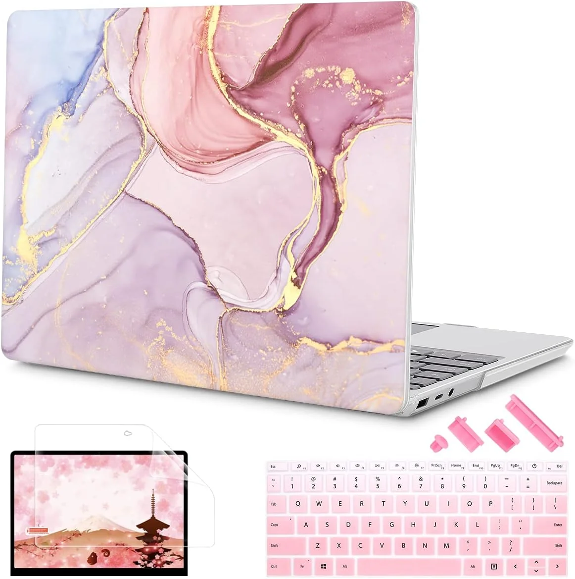 کاور لپ تاپ مایکروسافت Surface Laptop GO 3 مدل 2023 Mektron سایز 12.4 اینچ سازگار با کاور لپ تاپ Go 2/1 مدل 2022-2020 مدل 1943/2013، قاب هارد پلاستیکی با محافظ صفحه نمایش، طرح سنگ مرمر صورتی