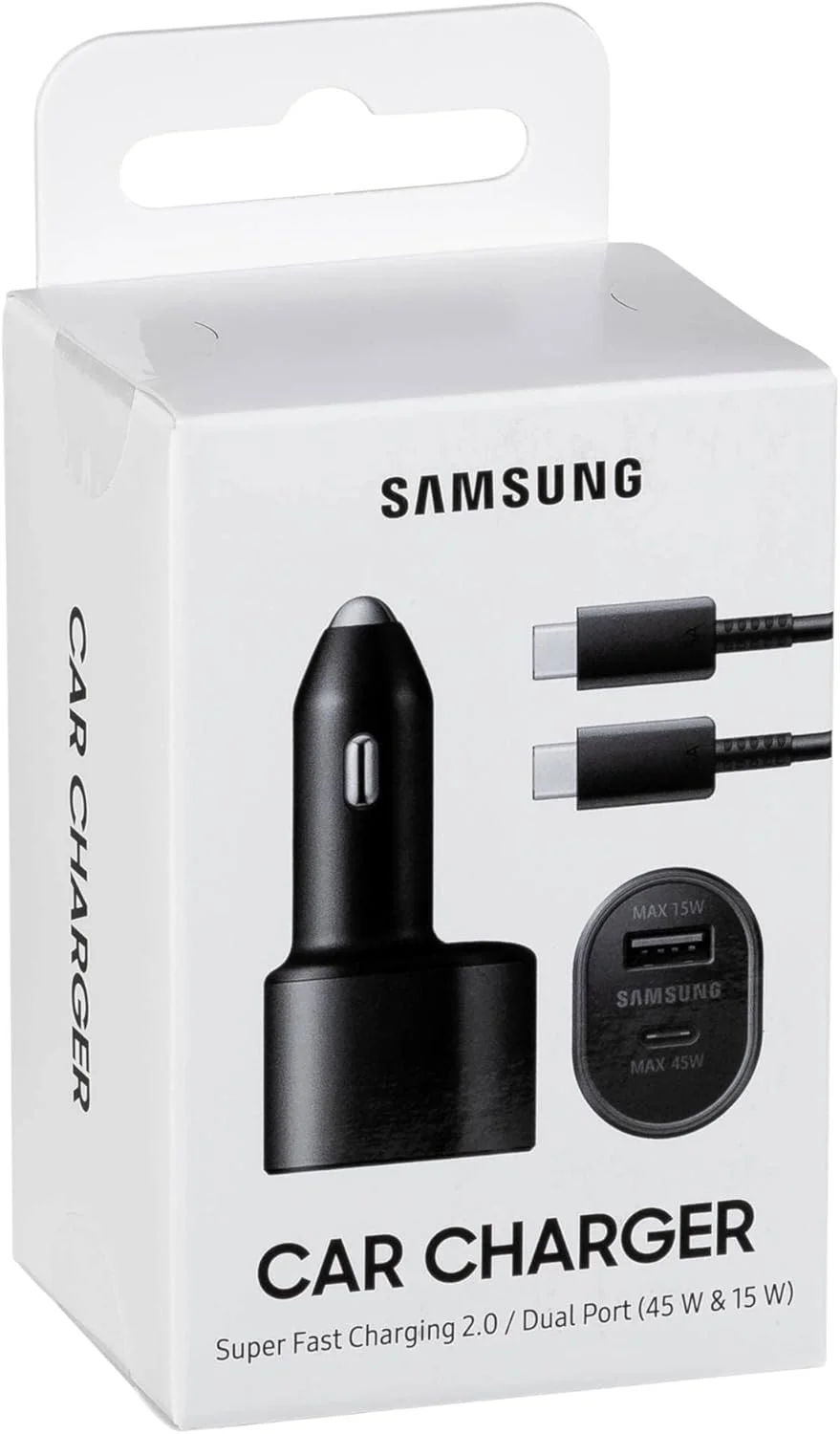 شارژر فندکی دو پورت سامسونگ Type-C با توان 45 وات (PD, QC, AFC) / USB-A با توان 15 وات (AFC, QC) + کابل C به C (5A)
