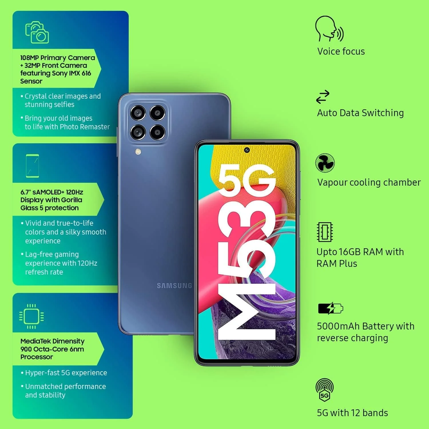 گوشی موبایل سامسونگ Galaxy M53 5G (آبی اقیانوسی تیره، 8 گیگابایت رم، 128 گیگابایت حافظه داخلی) | 108 مگاپیکسل | sAmoled+ 120Hz | 16 گیگابایت رم با RAM Plus | بدون شارژر